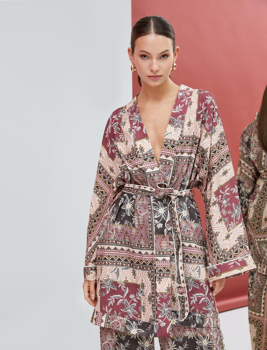   Etnik Desenli Kimono Beli Kuşak Detaylı