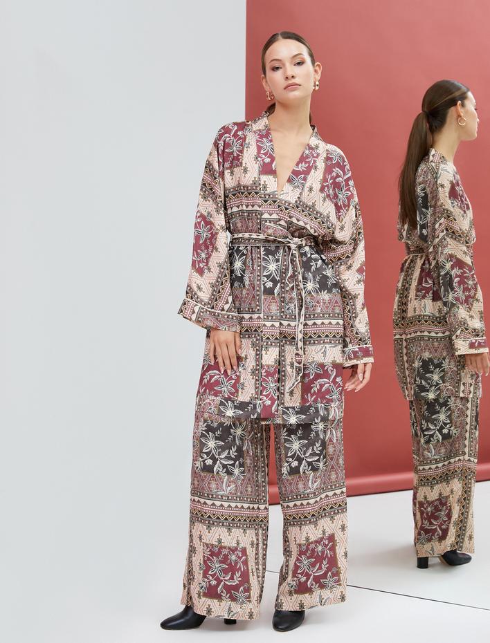  Etnik Desenli Kimono Beli Kuşak Detaylı