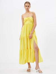 Uzun Elbise Halter Yaka Volanlı Drapeli Viskon Karışımlı