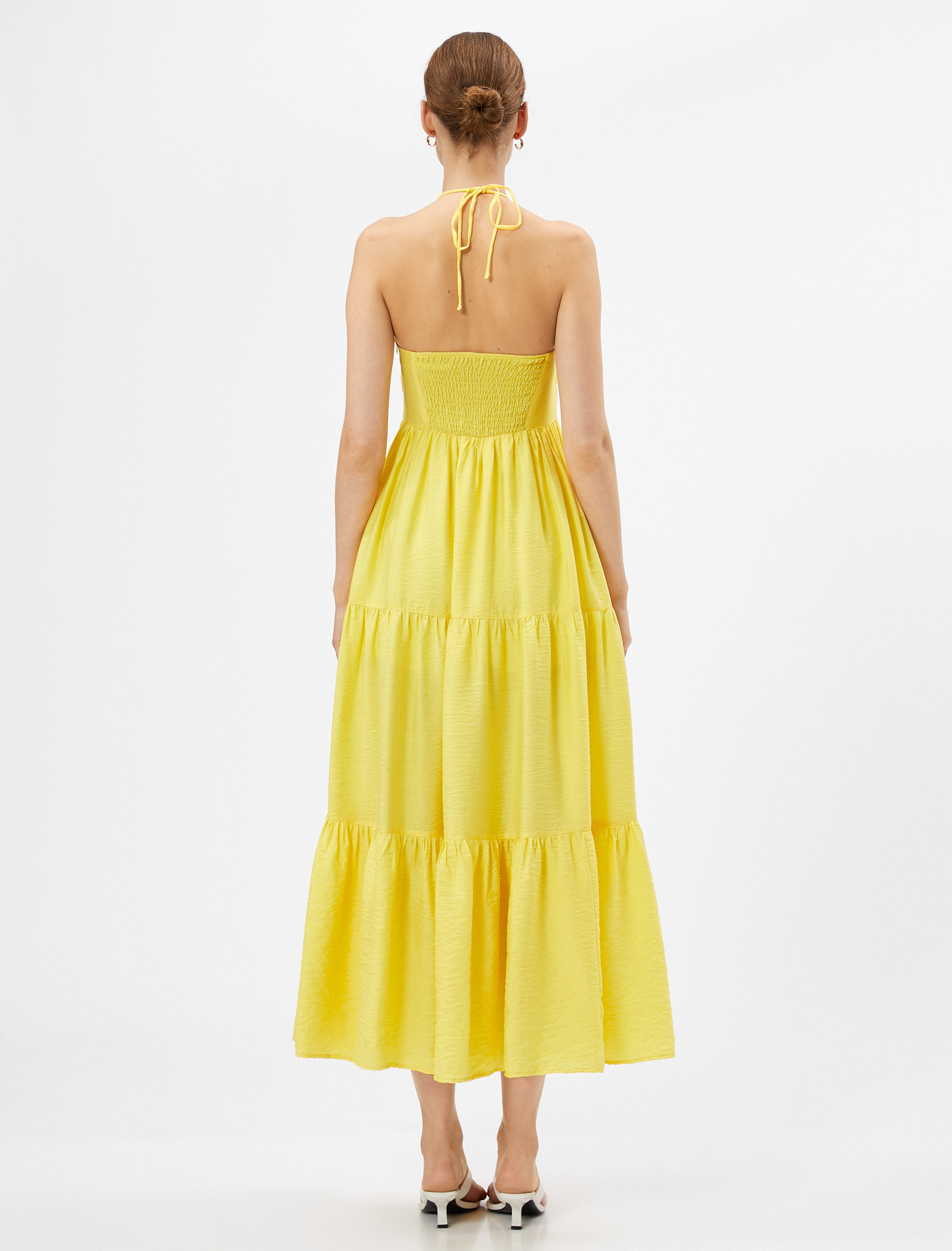 Uzun Elbise Halter Yaka Volanlı Drapeli Viskon Karışımlı