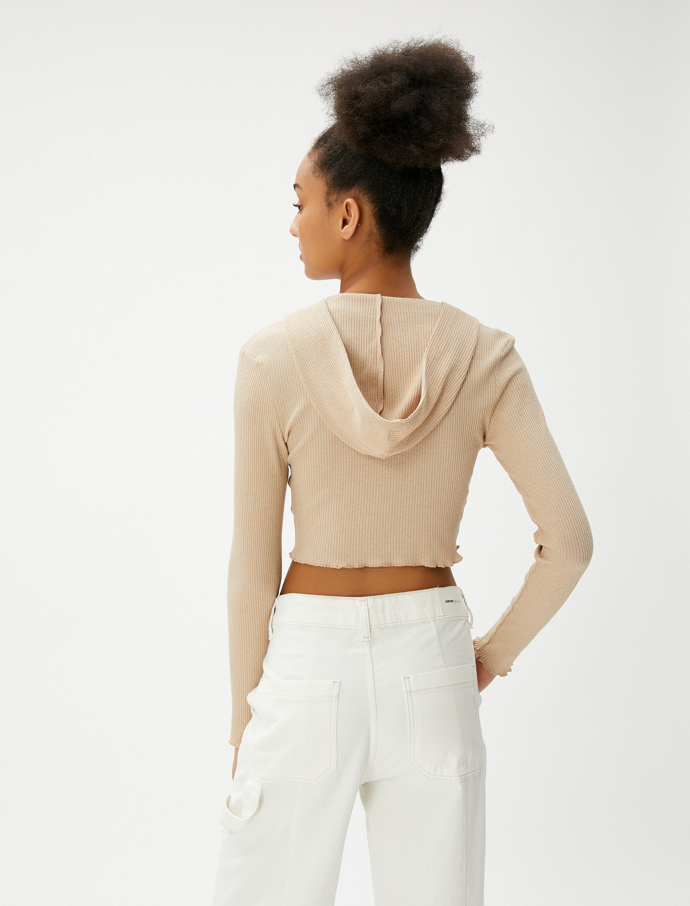   Kapüşonlu Hırka Crop Fermuarlı Kaşkorse Dikiş Detaylı