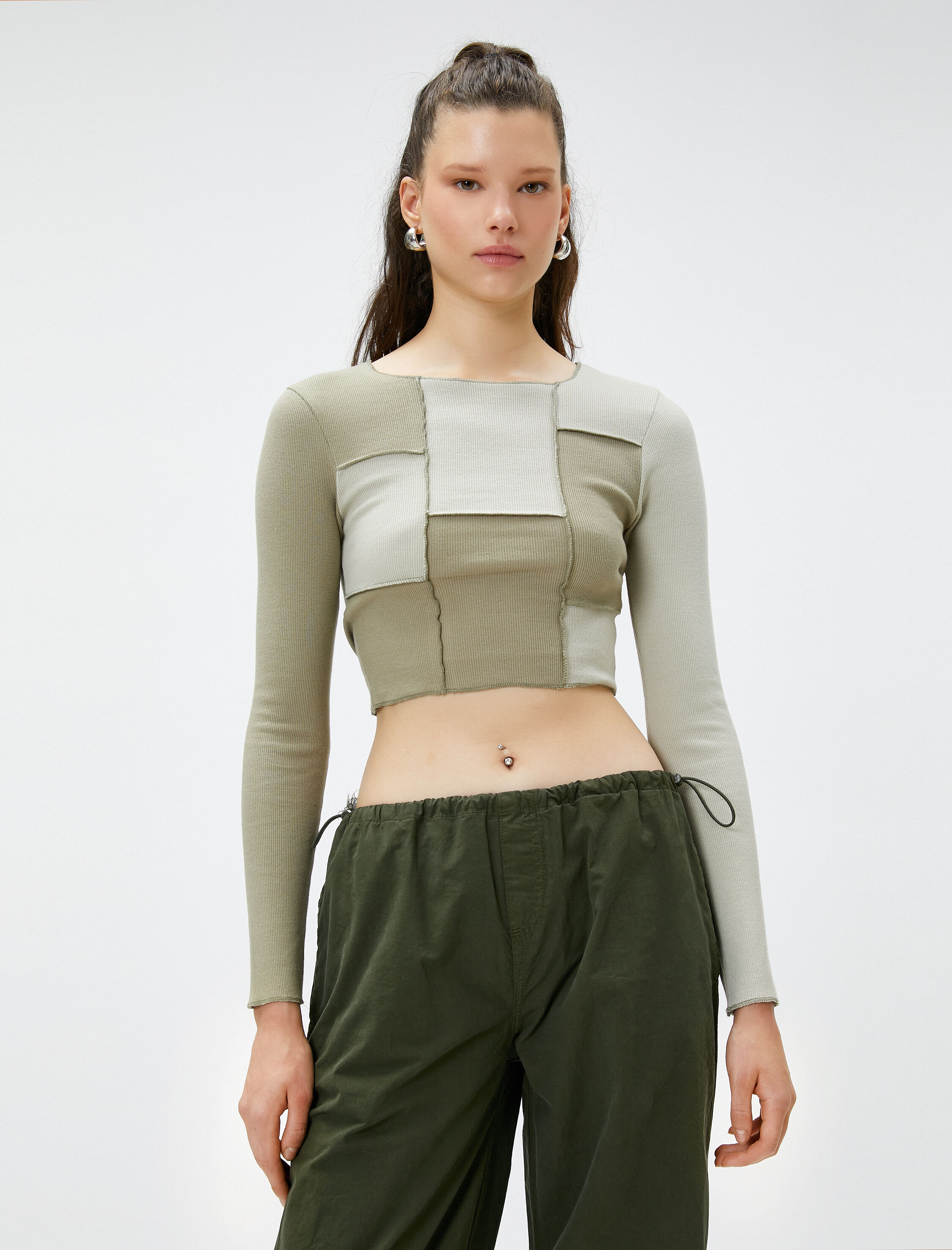   Uzun Kollu Tişört Crop Bisiklet Yaka Renk Bloklu Fitilli