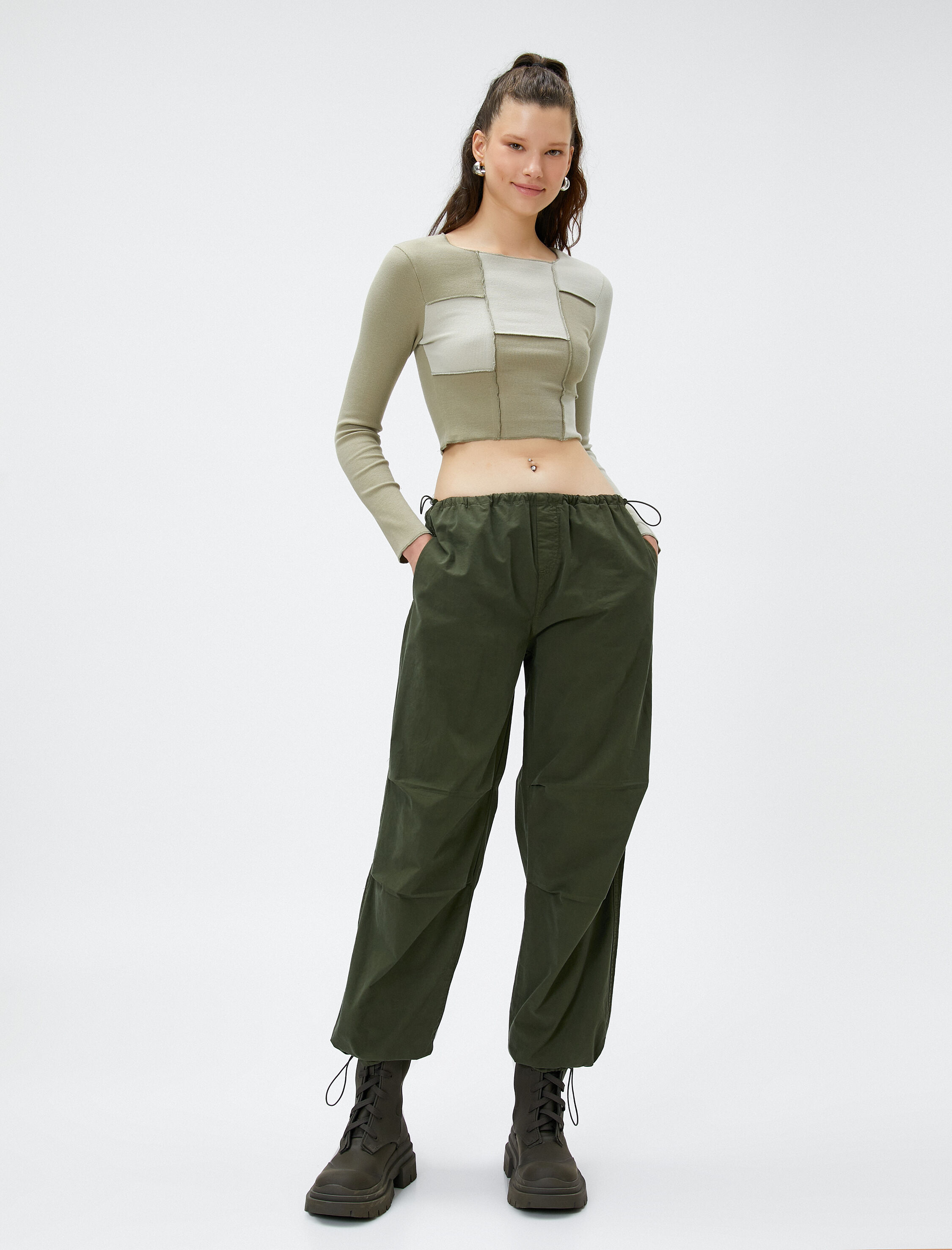   Uzun Kollu Tişört Crop Bisiklet Yaka Renk Bloklu Fitilli