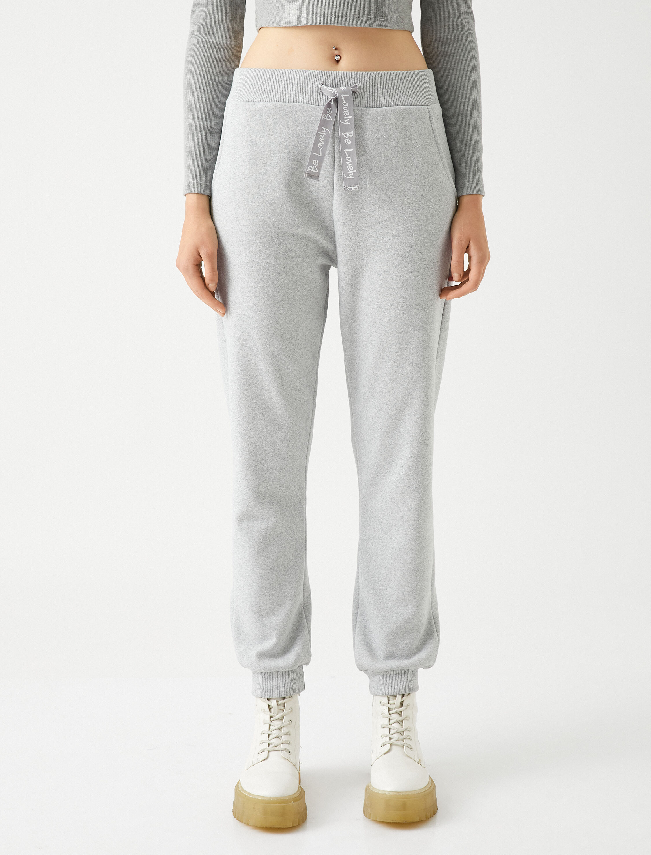   Jogger Eşofman Altı Yüksek Bel Baskılı Bağcıklı Cepli