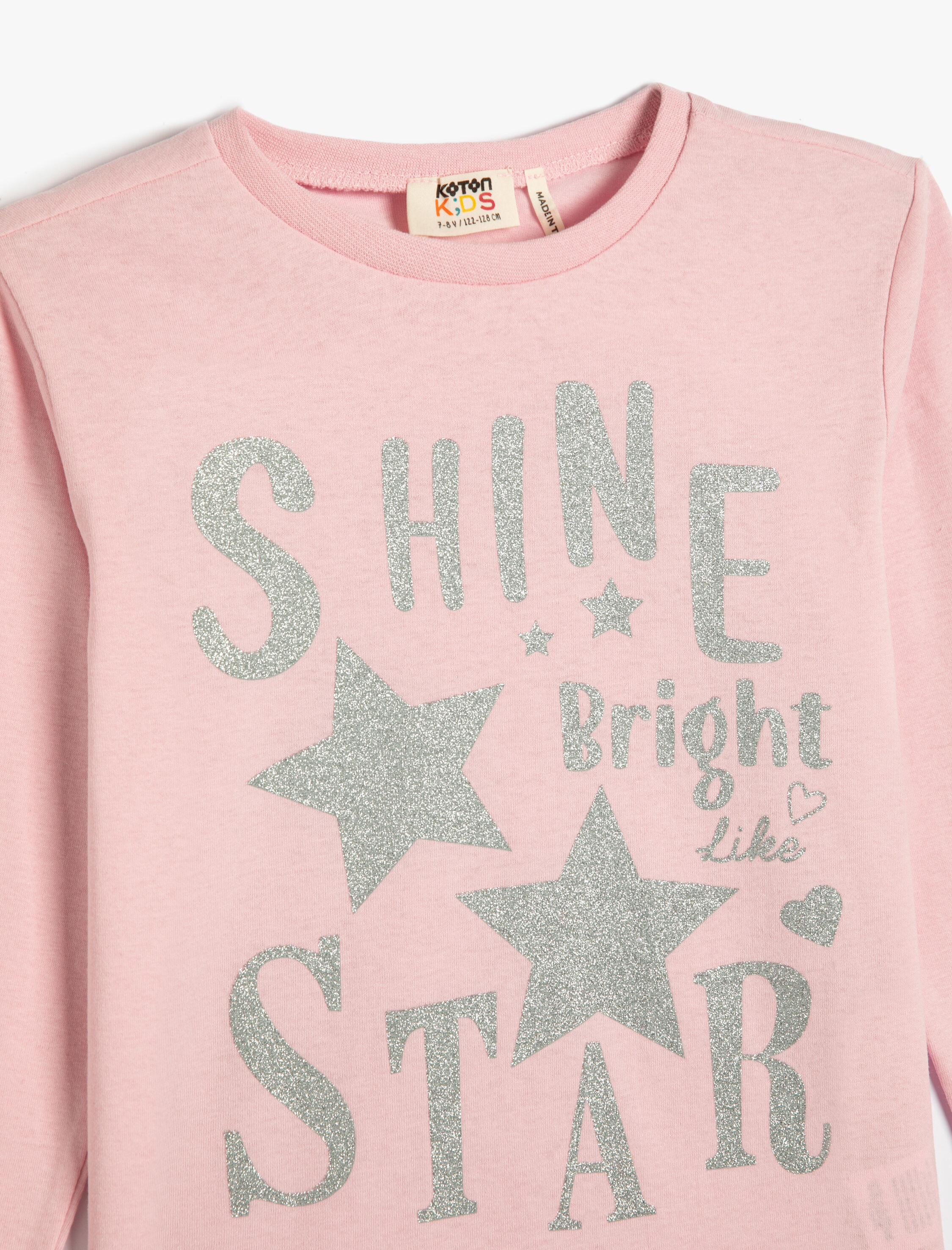  Kız Çocuk Tişört Uzun Kollu Bisiklet Yaka Yıldız Baskılı Simli Pamuklu