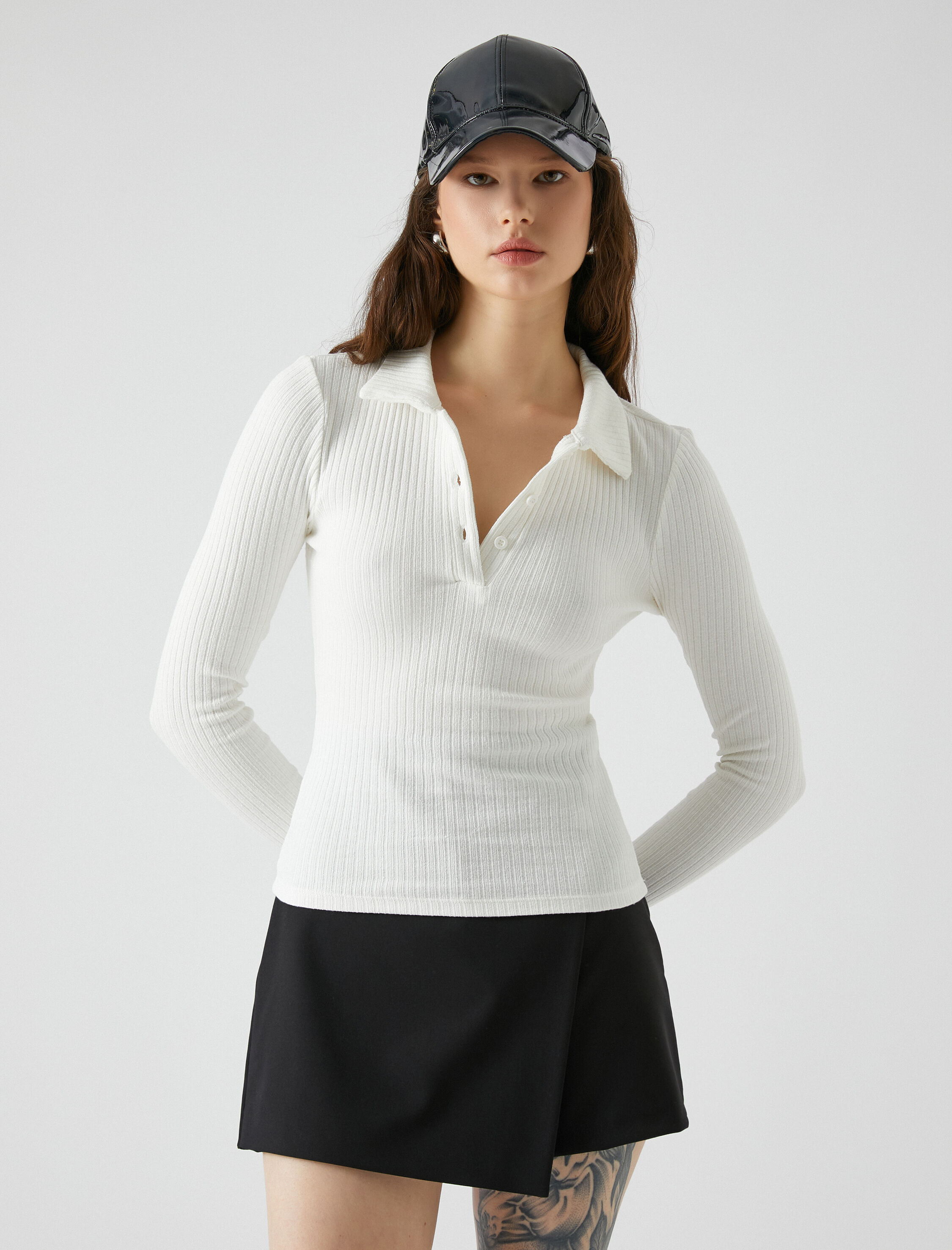   Polo Yaka Tişört Uzun Kollu Fitilli Düğmeli Dar Kesim Pamuklu