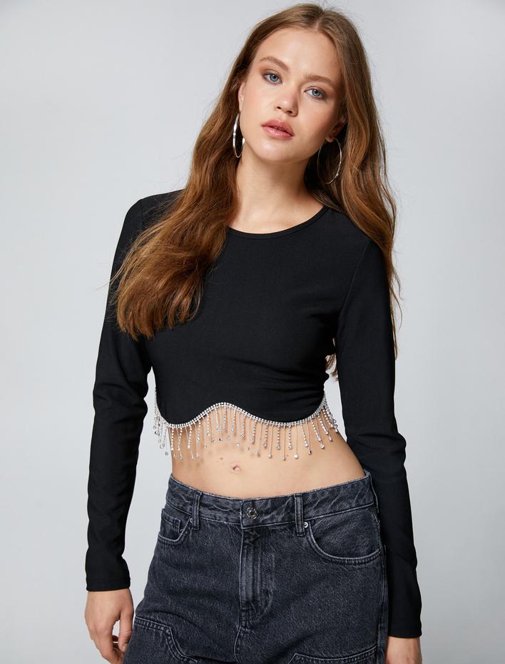  Parlak Taşlı Tişört Crop Uzun Kollu Fitilli Bisiklet Yaka