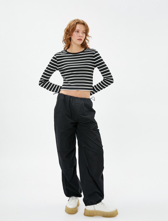  Uzun Kollu Tişört Crop Bisiklet Yaka Basic