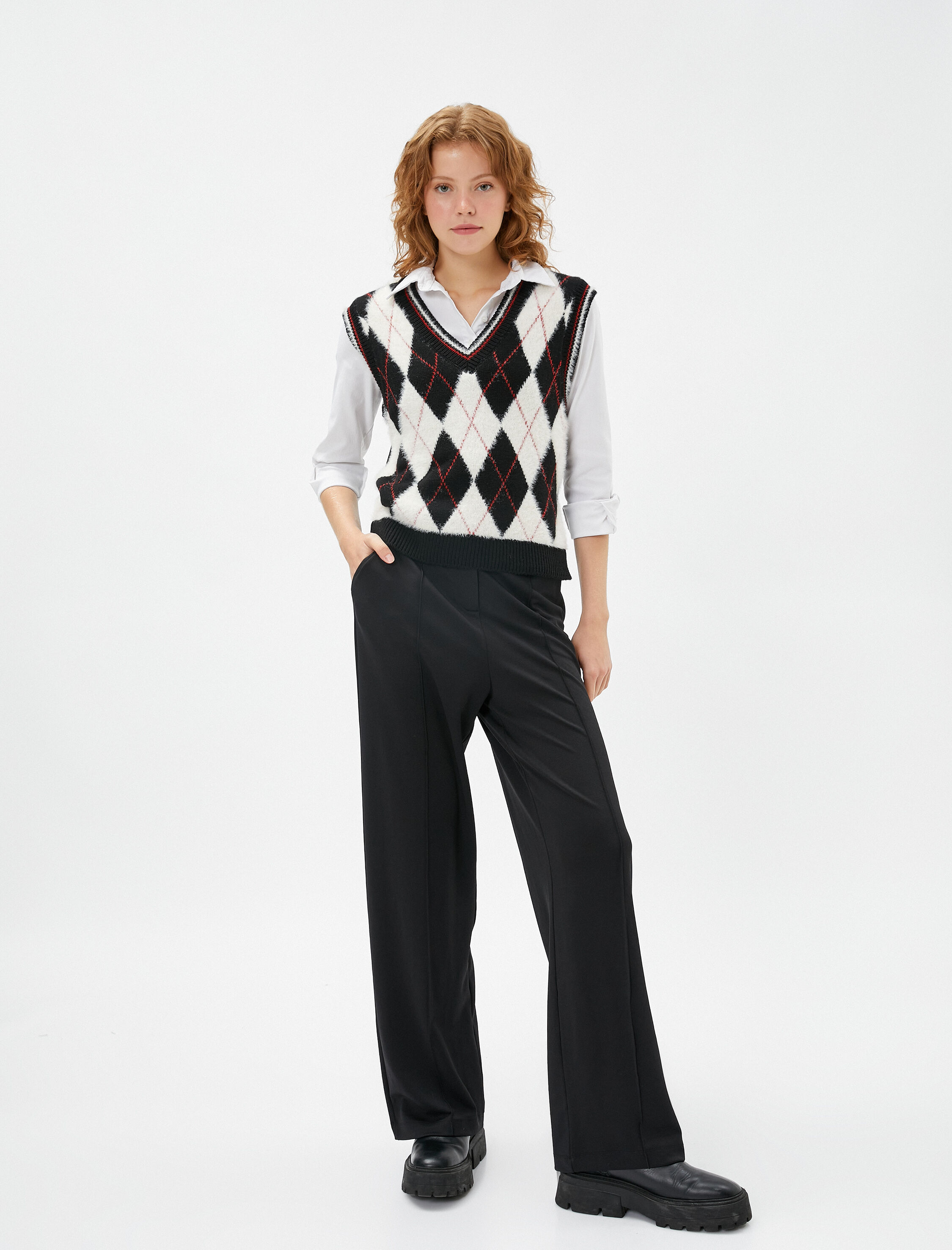   Bol Paça Pantolon Kumaş Nervürlü Düğmeli