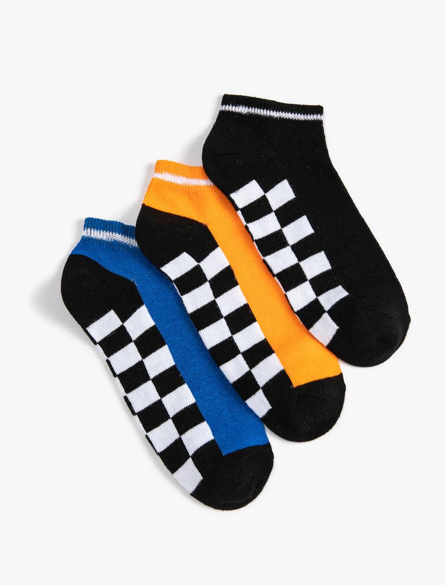  Erkek Çocuk Çorap 3'lü Kareli Çok Renkli Pamuk Karışımlı