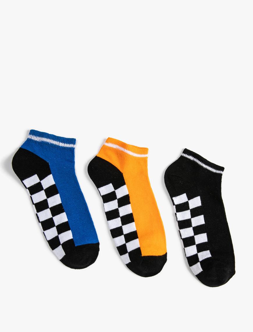  Erkek Çocuk Çorap 3'lü Kareli Çok Renkli Pamuk Karışımlı