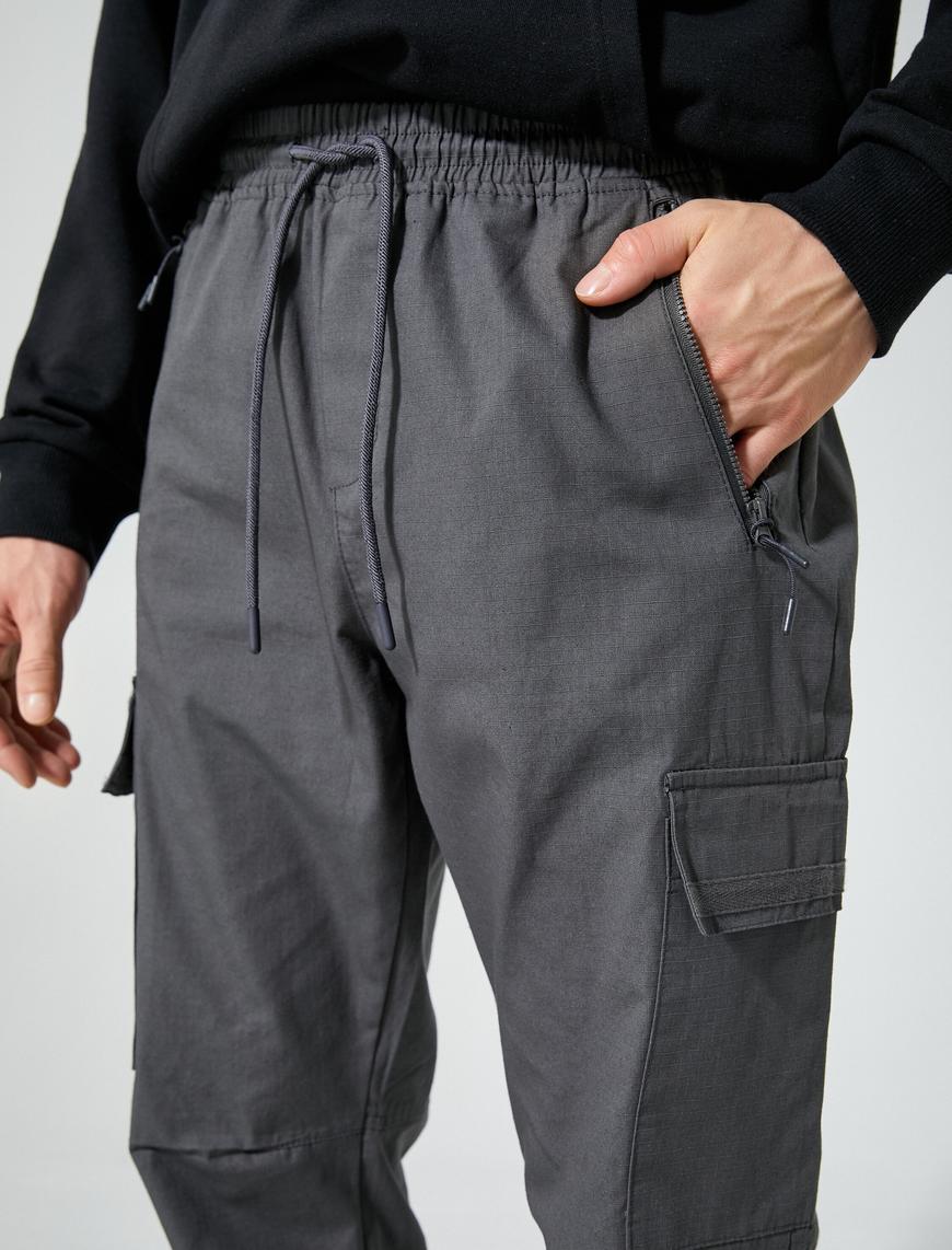   Jogger Pantolon Kargo Cepli Beli Bağcıklı Pamuklu