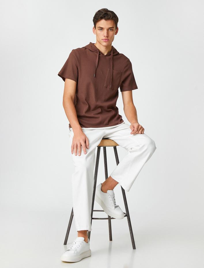  Basic Kapşonlu Tişört Kısa Kollu Dokulu Cep Detaylı Pamuklu