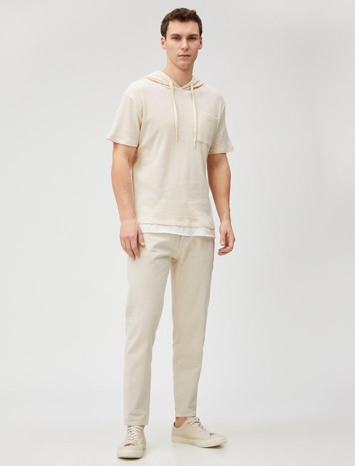  Basic Kapşonlu Tişört Kısa Kollu Dokulu Cep Detaylı Pamuklu