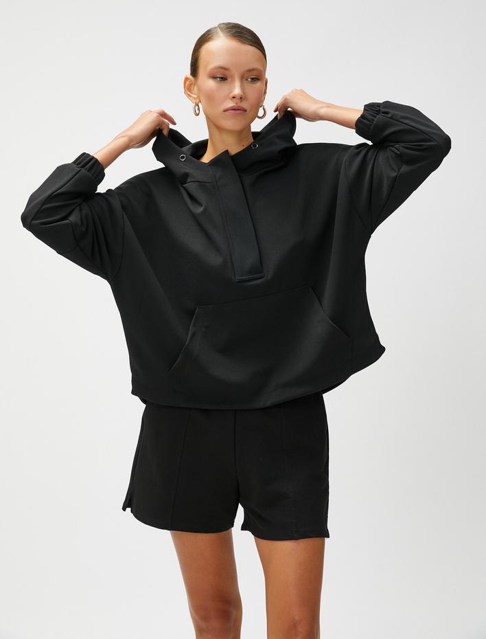  Kapüşonlu Sweatshirt Kanguru Cepli Yarım Fermuarlı