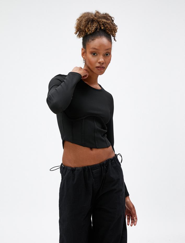  Uzun Kollu Tişört Crop Beli Korseli Bisiklet Yaka