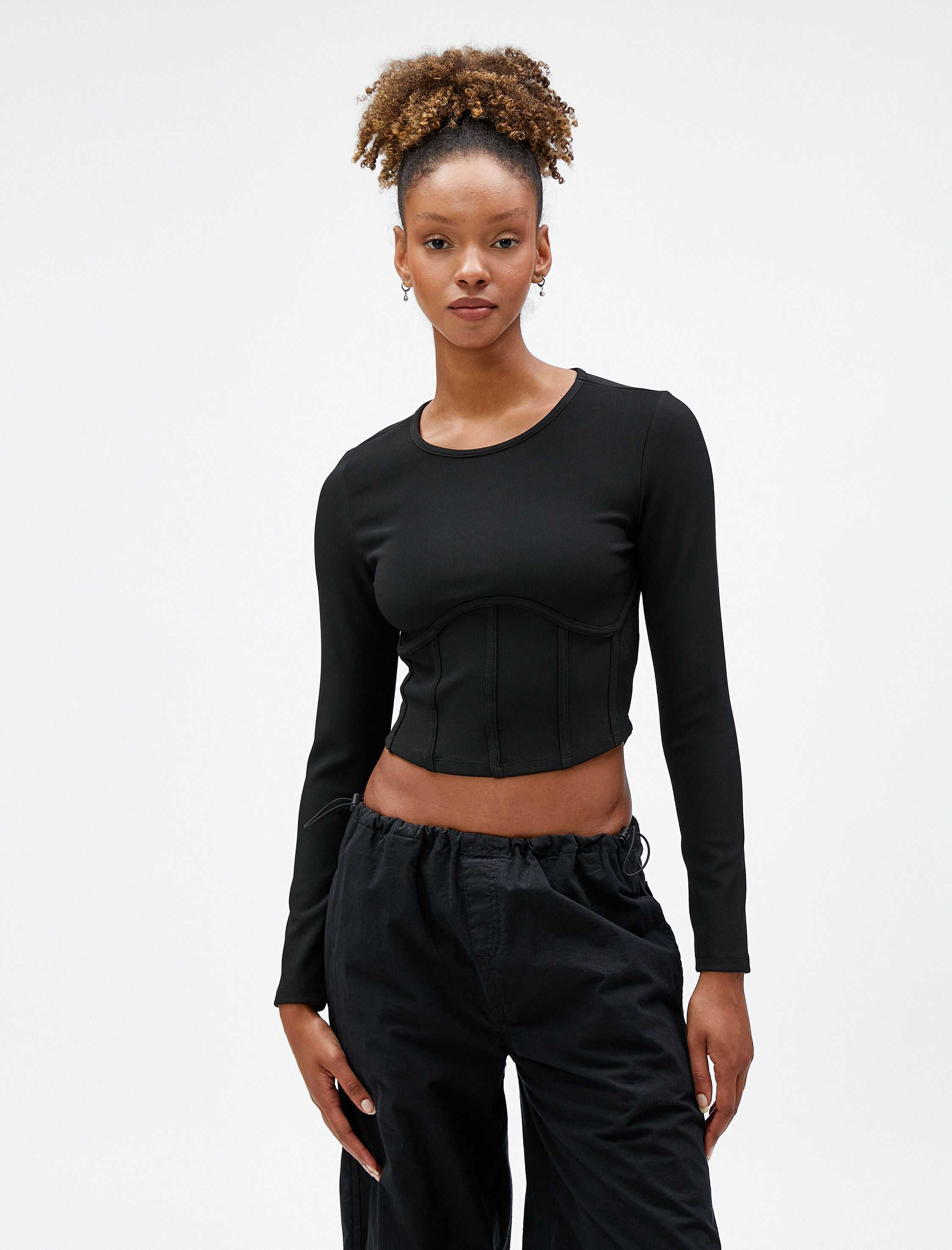   Uzun Kollu Tişört Crop Beli Korseli Bisiklet Yaka