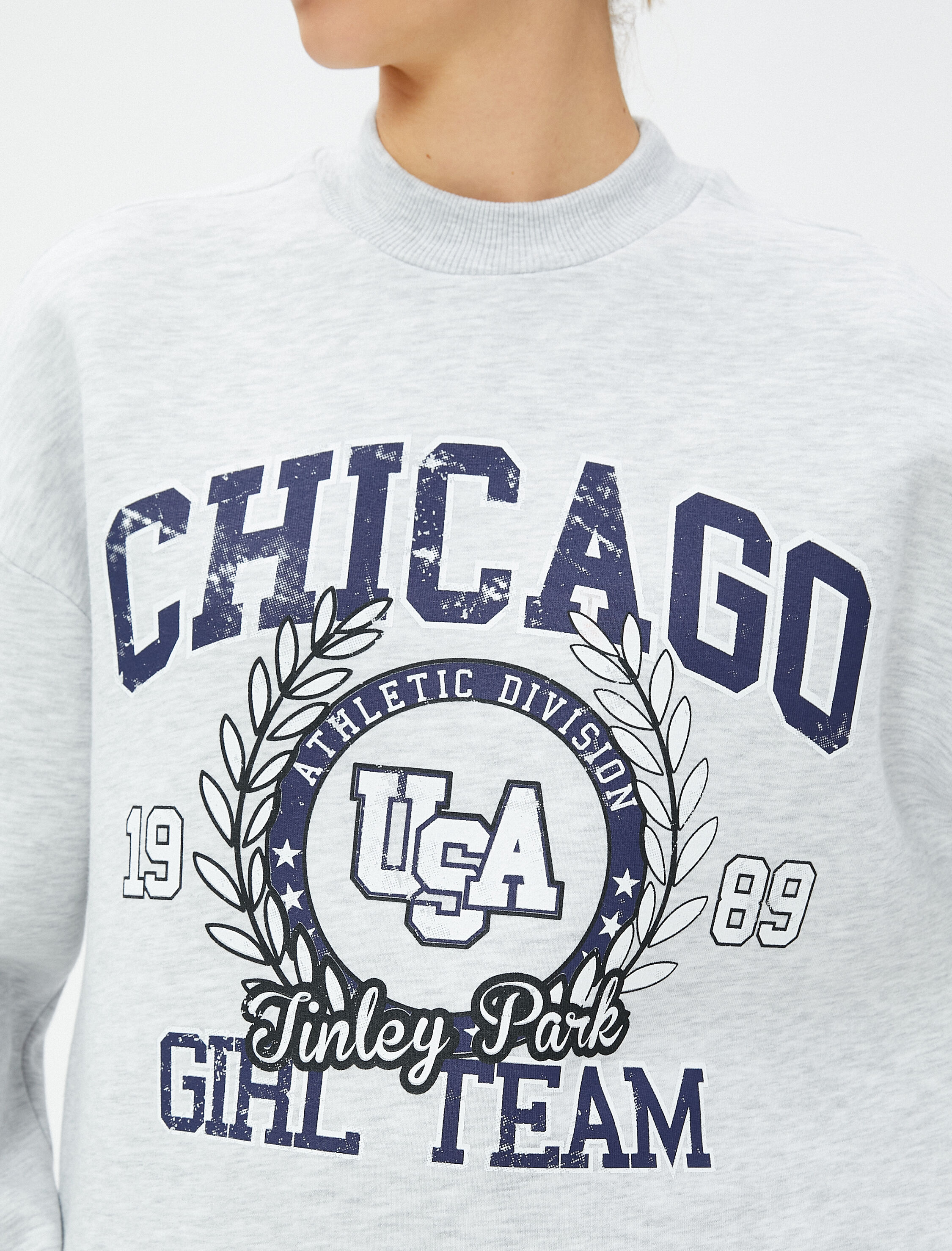   Şardonlu Kolej Sweatshirt Bisiklet Yaka Baskılı Uzun Kollu