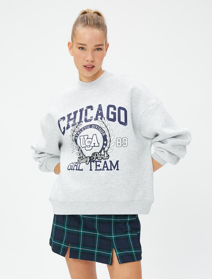  Şardonlu Kolej Sweatshirt Bisiklet Yaka Baskılı Uzun Kollu