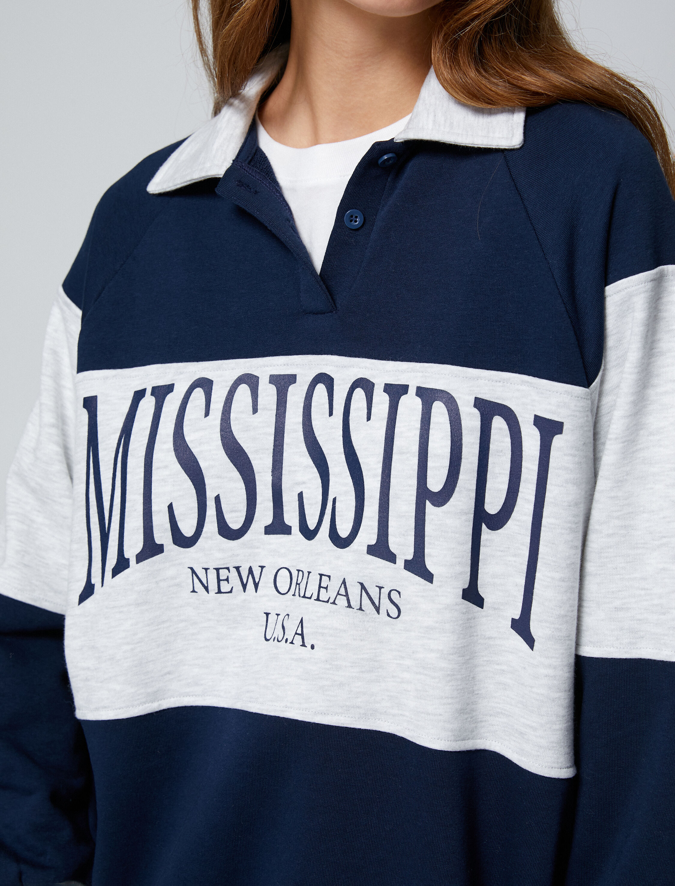   Oversize Kolej Sweatshirt Polo Yaka Baskılı Düğmeli