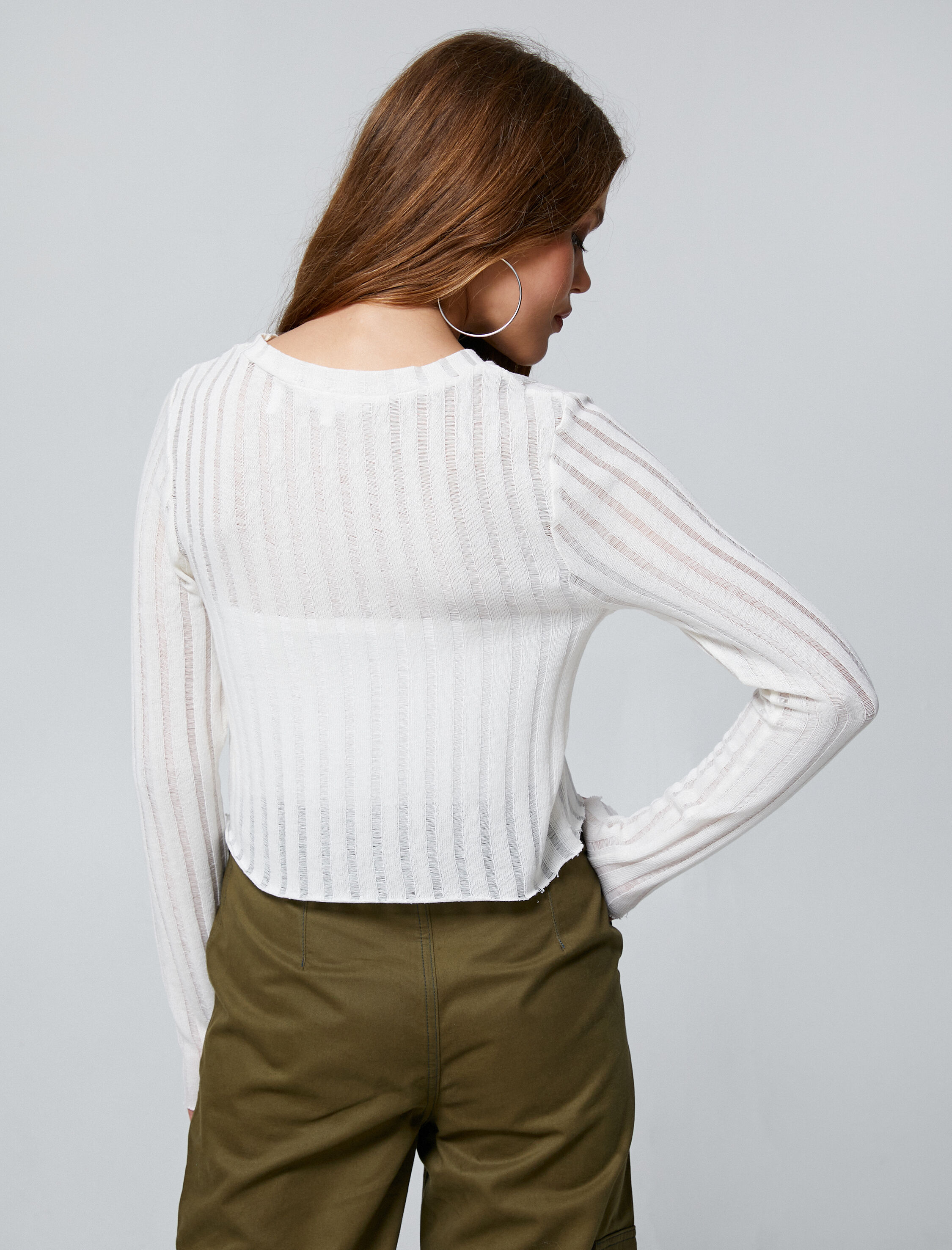   Uzun Kollu Tişört Dar Kesim Bisiklet Yaka Ajurlu