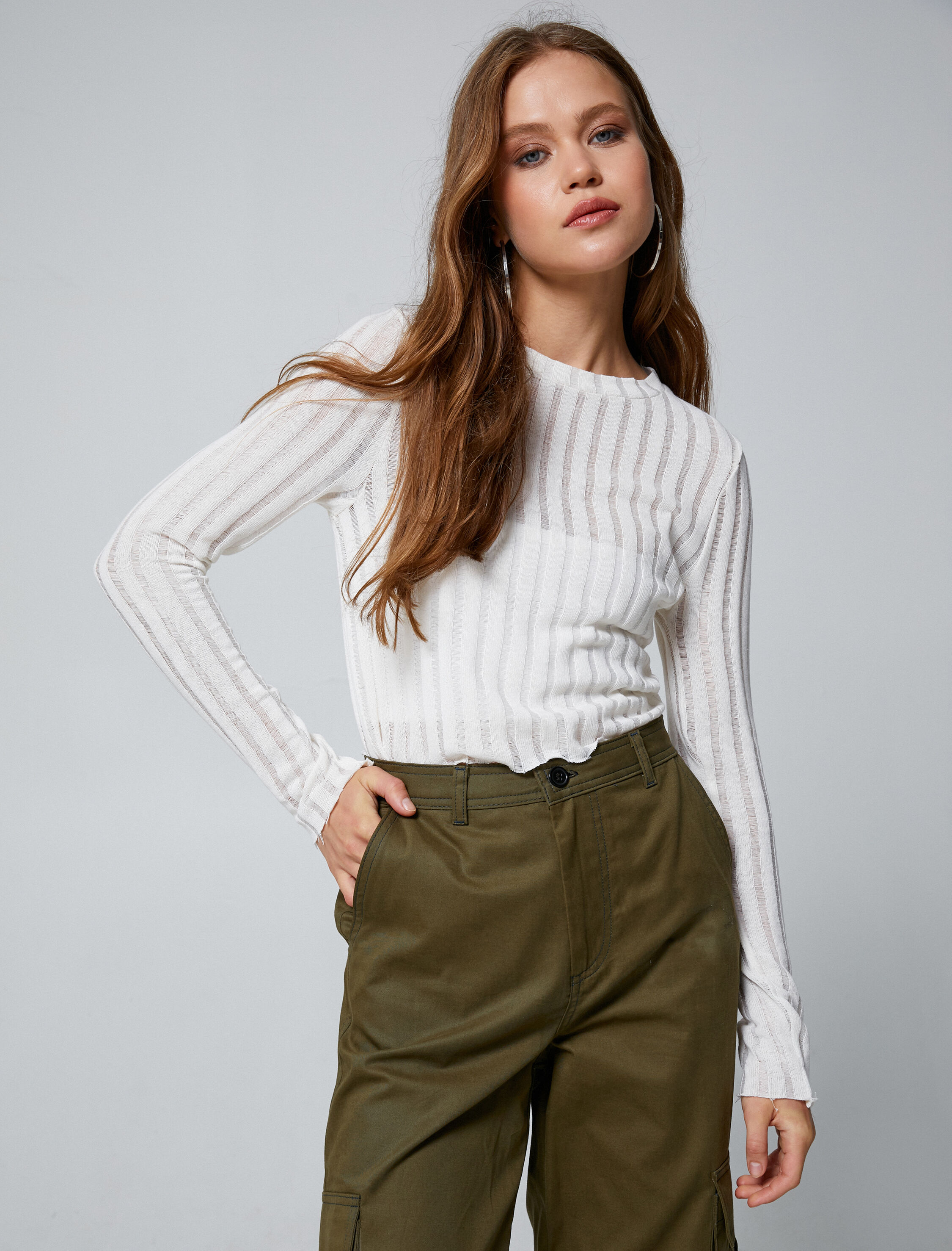   Uzun Kollu Tişört Dar Kesim Bisiklet Yaka Ajurlu