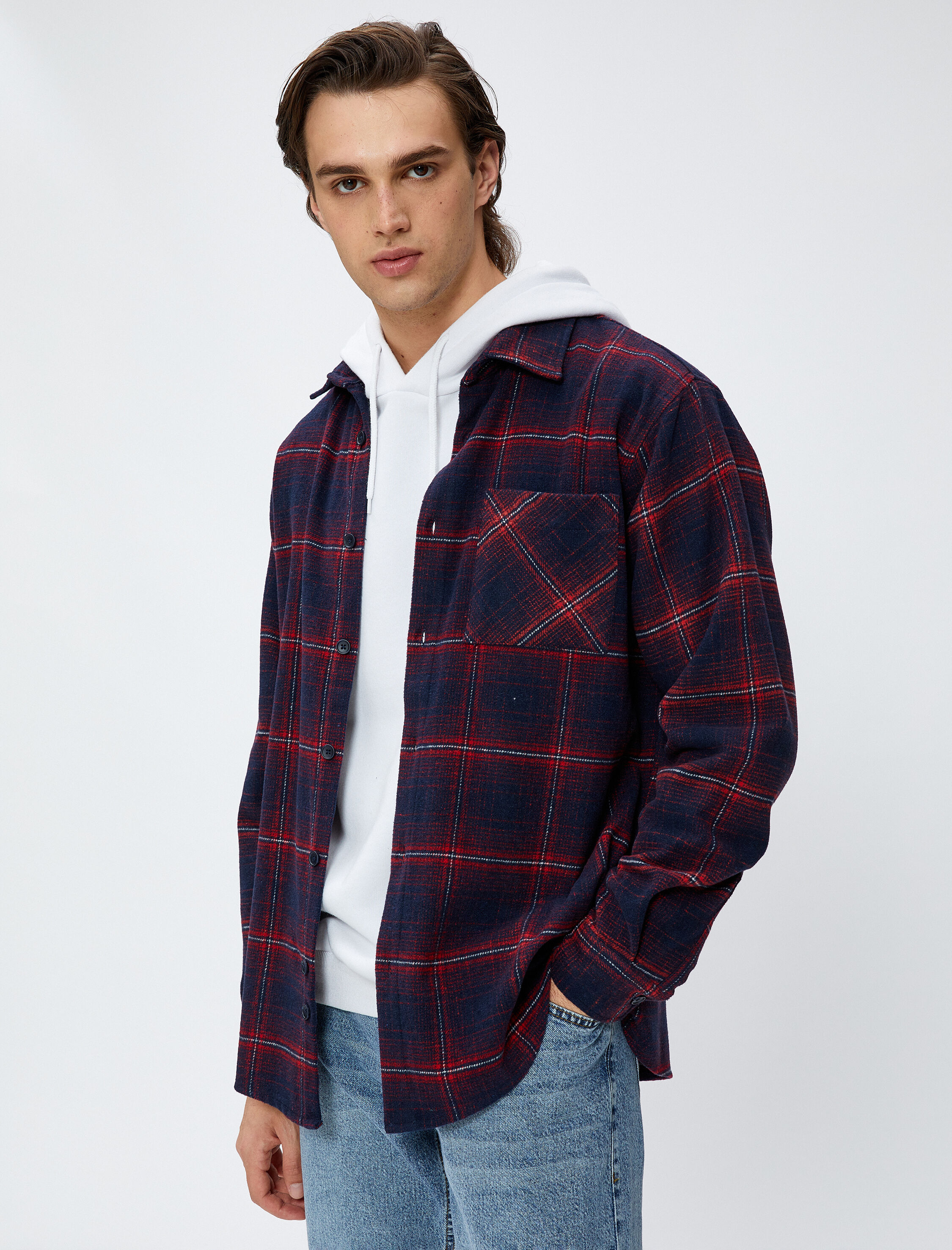   Oduncu Gömleği Klasik Yaka Düğmeli Cep Detaylı Uzun Kollu Yumuşak Dokulu