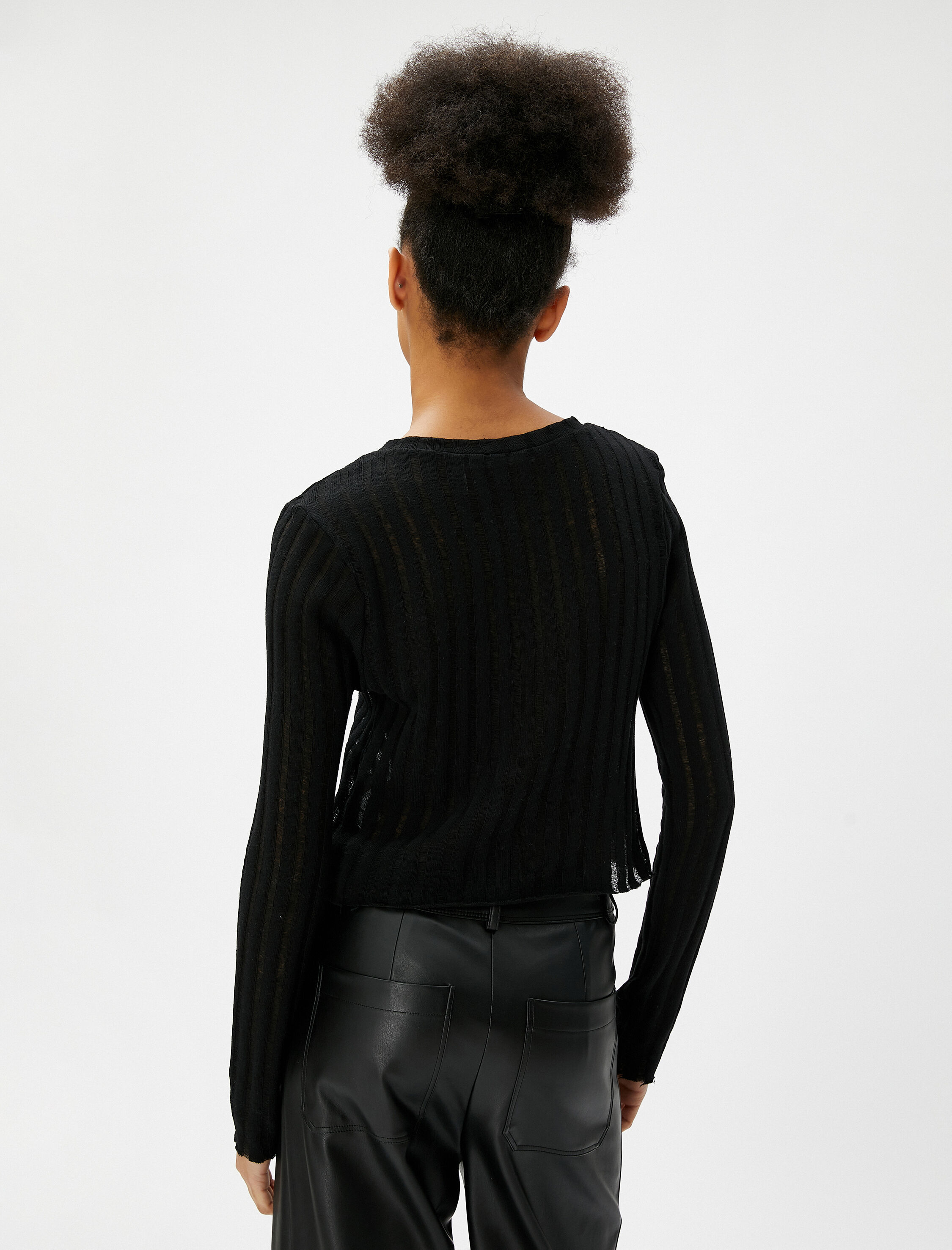   Uzun Kollu Tişört Dar Kesim Bisiklet Yaka Ajurlu