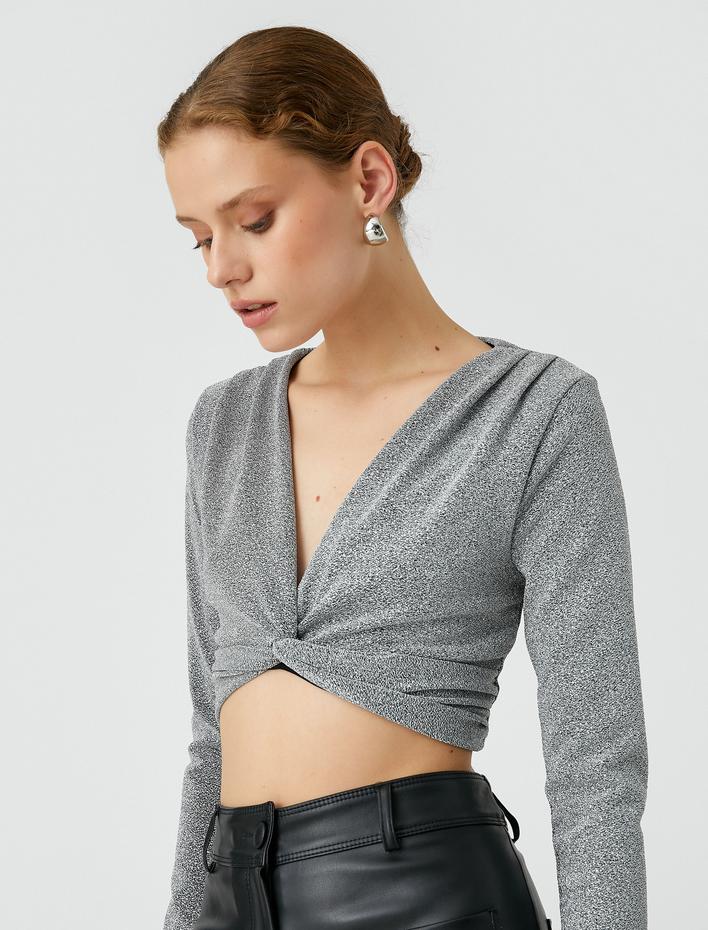  Crop Bluz V Yaka Büzgülü Uzun Kollu