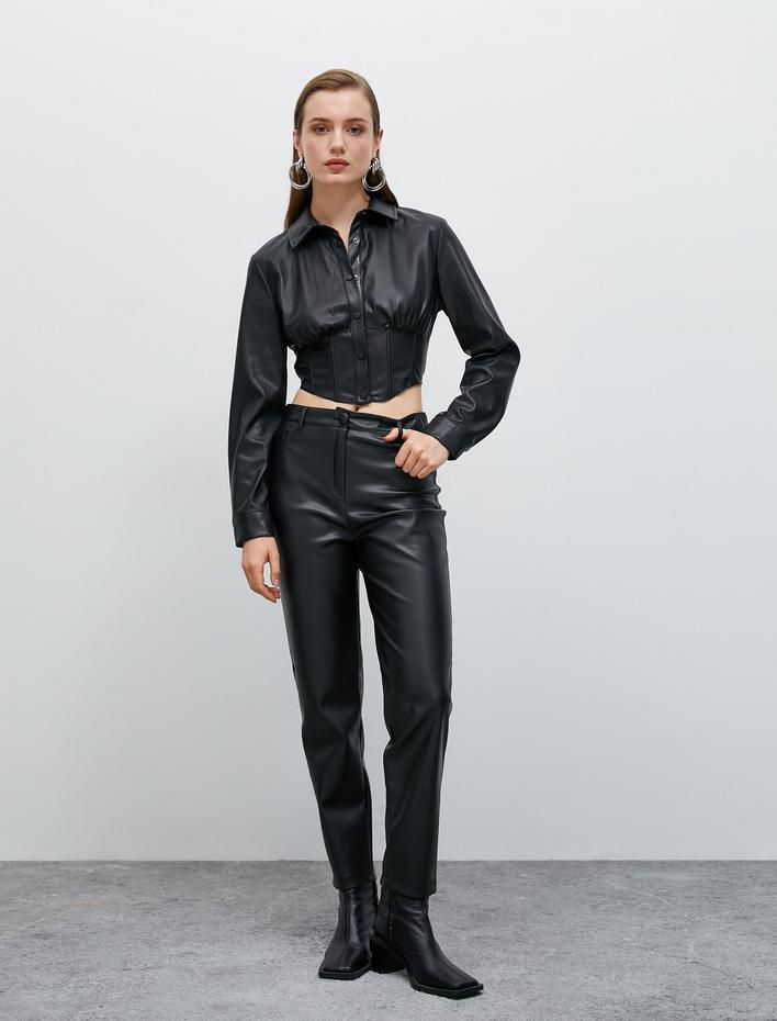  Suni Deri Crop Gömlek Korse Detaylı