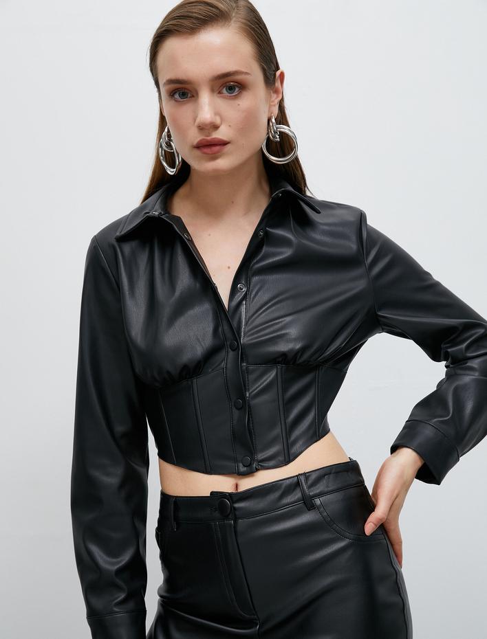  Suni Deri Crop Gömlek Korse Detaylı