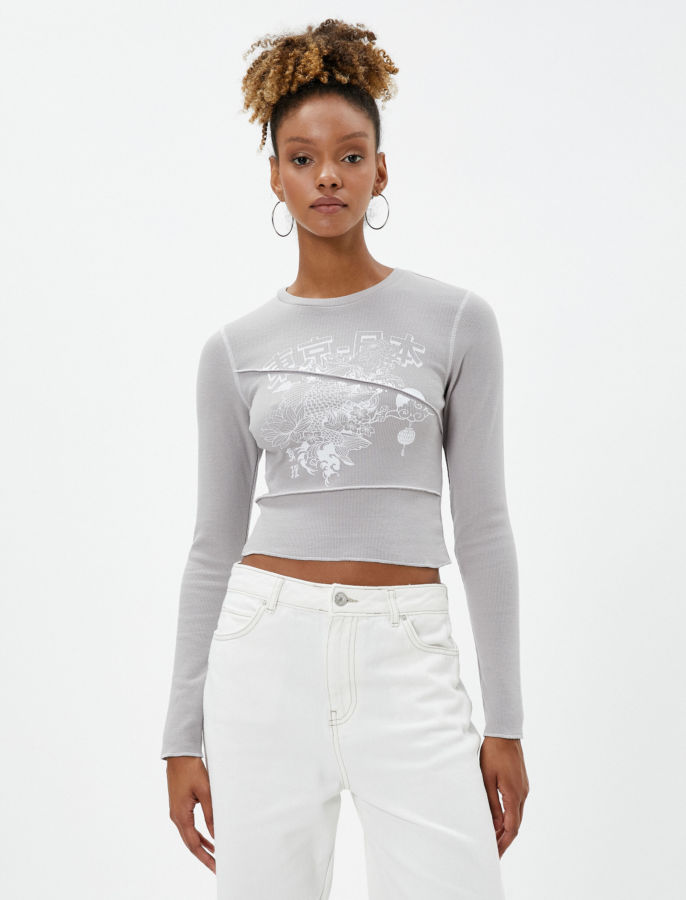   Uzun Kollu Tişört Crop Uzak Doğu Bakılı Bisiklet Yaka