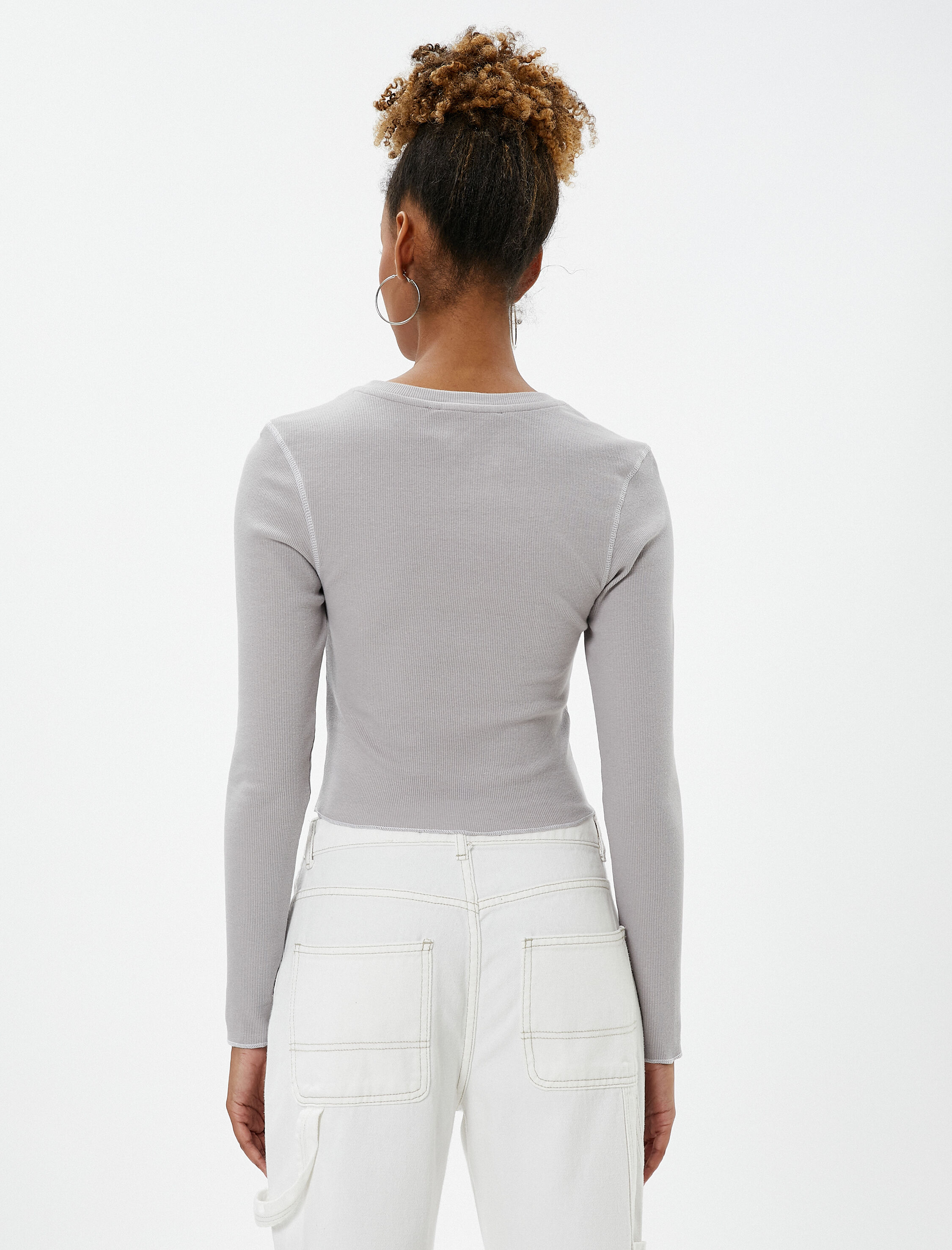   Uzun Kollu Tişört Crop Uzak Doğu Bakılı Bisiklet Yaka