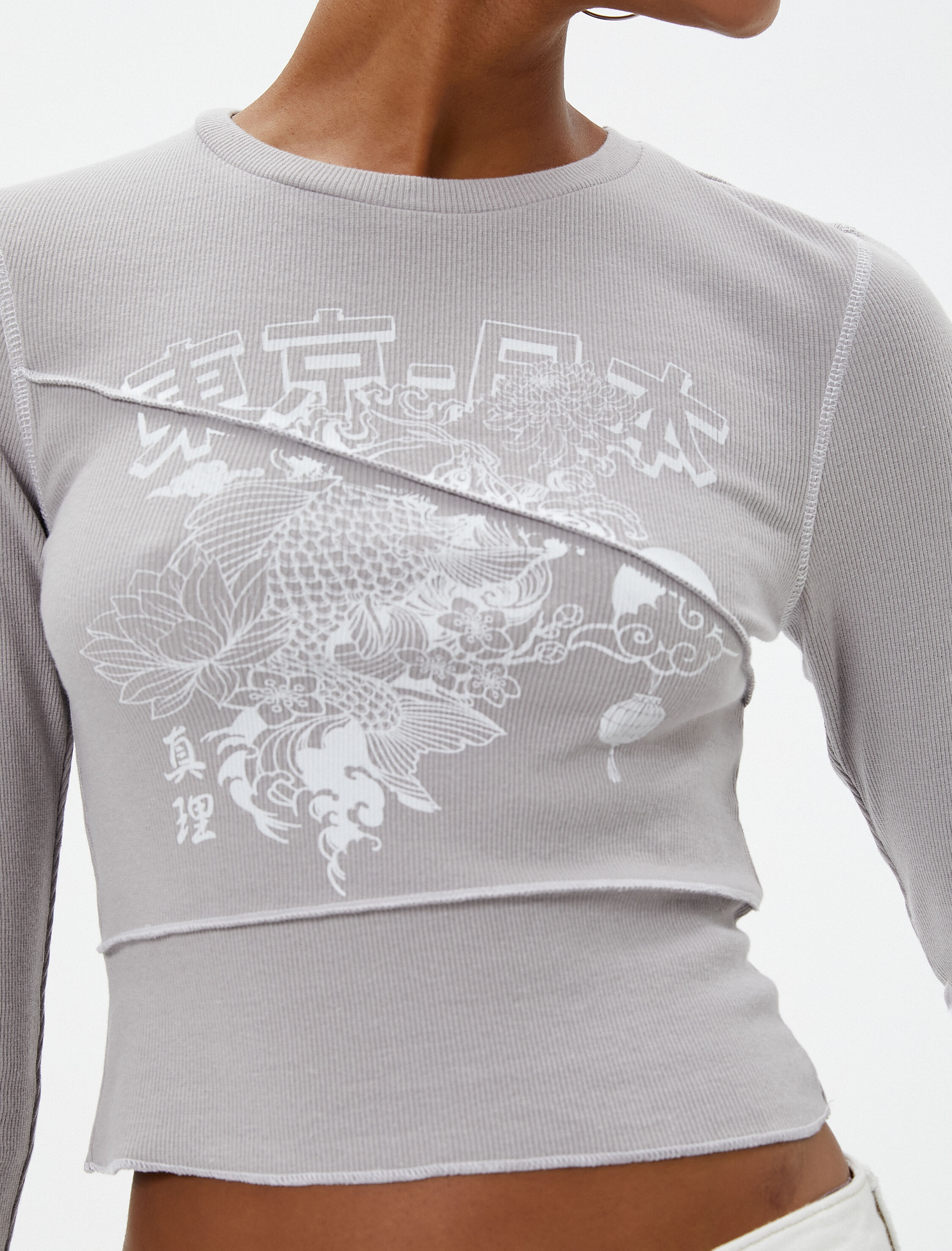   Uzun Kollu Tişört Crop Uzak Doğu Bakılı Bisiklet Yaka