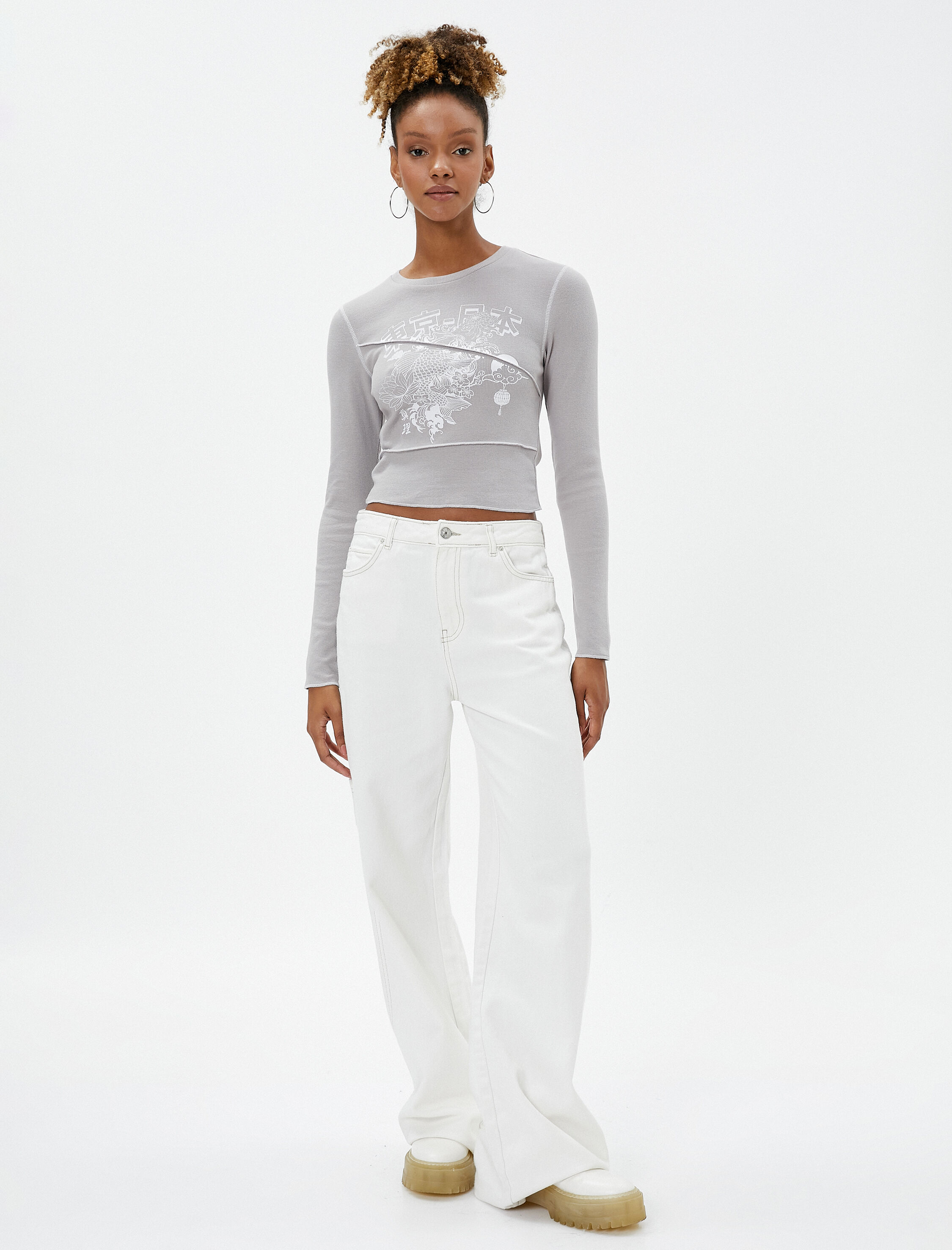   Uzun Kollu Tişört Crop Uzak Doğu Bakılı Bisiklet Yaka