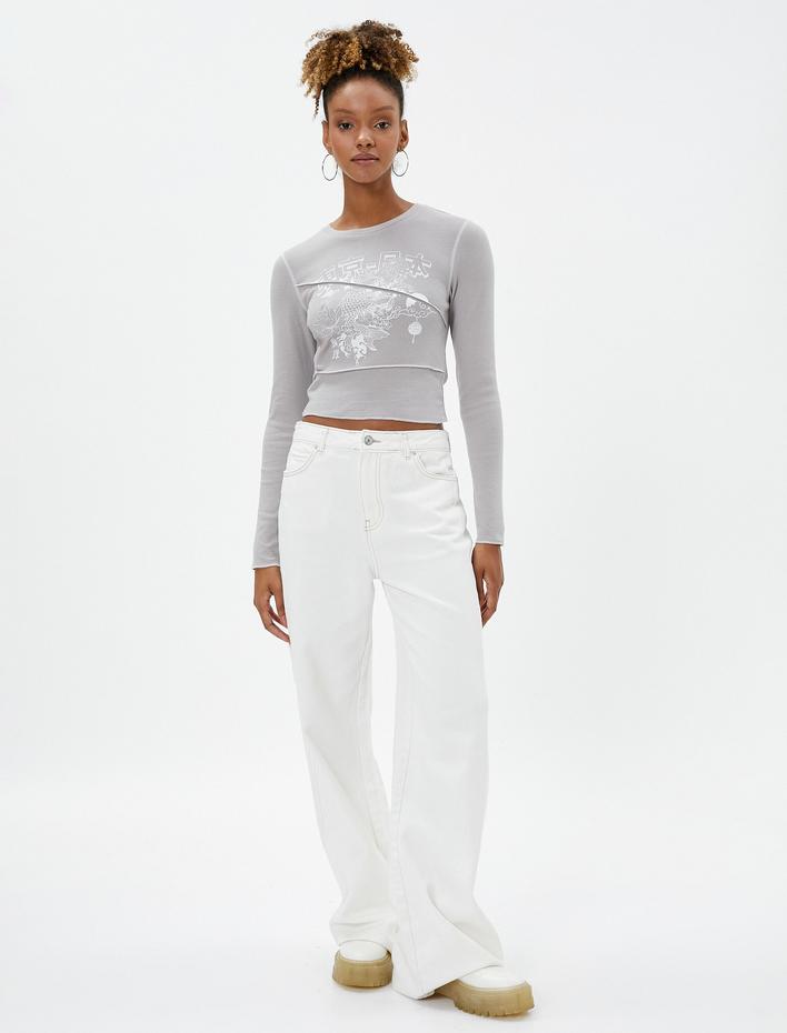  Uzun Kollu Tişört Crop Uzak Doğu Bakılı Bisiklet Yaka