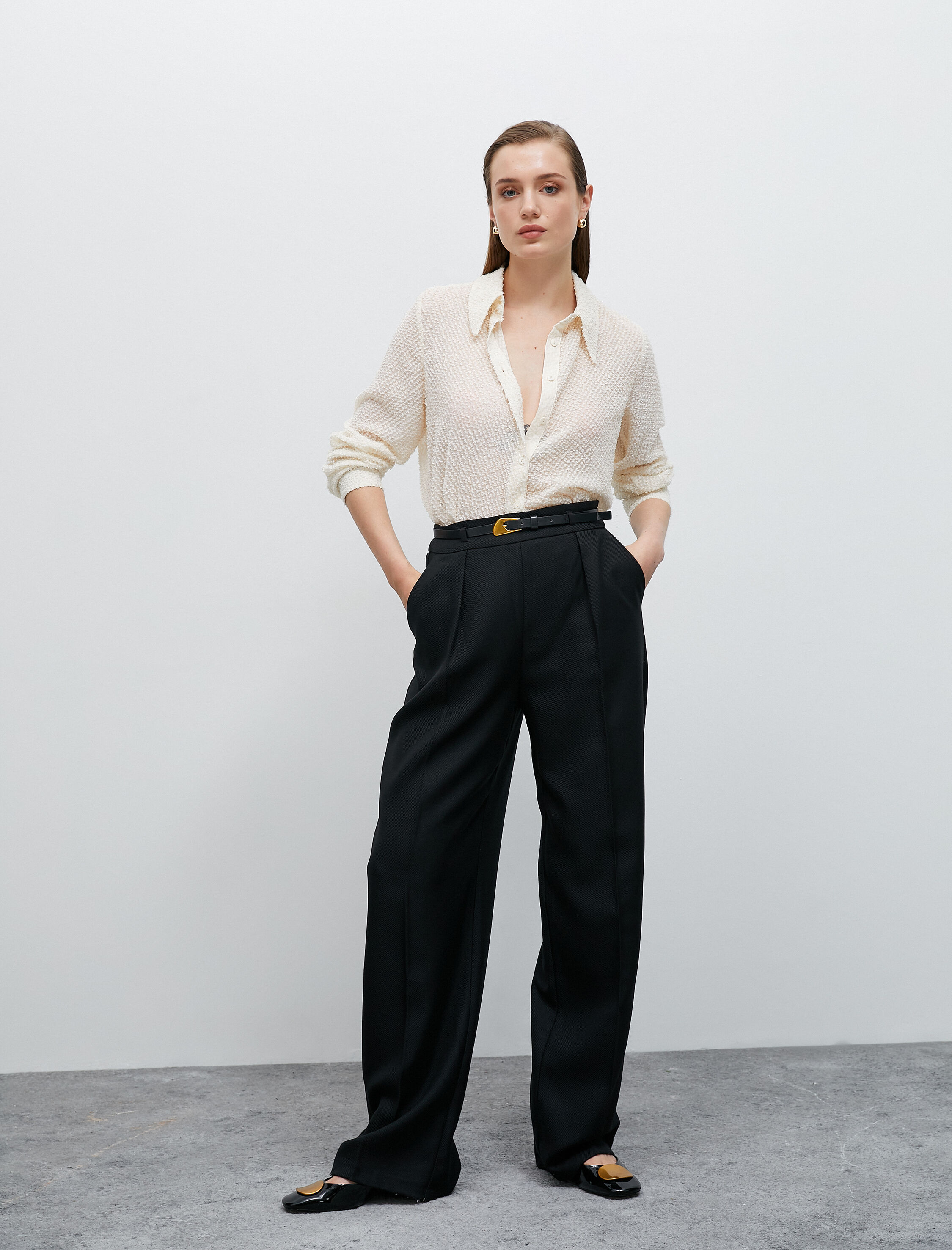   Geniş Paça Pantolon Kemerli Nervürlü