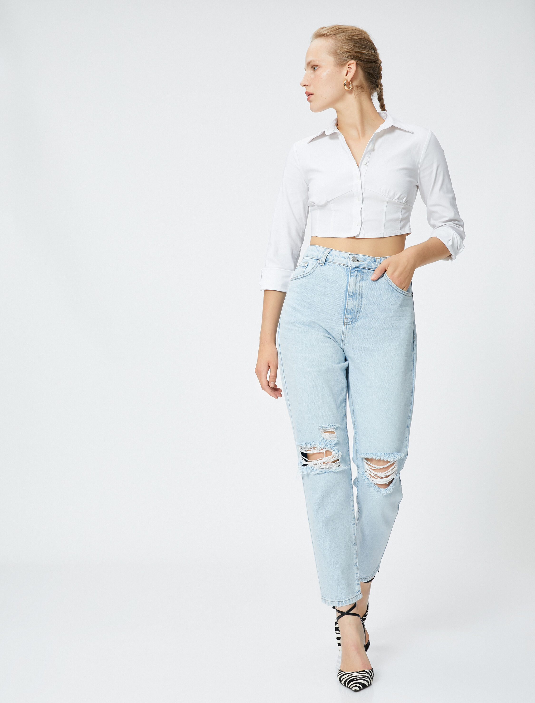   Yırtık Kot Pantolon Hafif Dar Paça - Mom Jeans