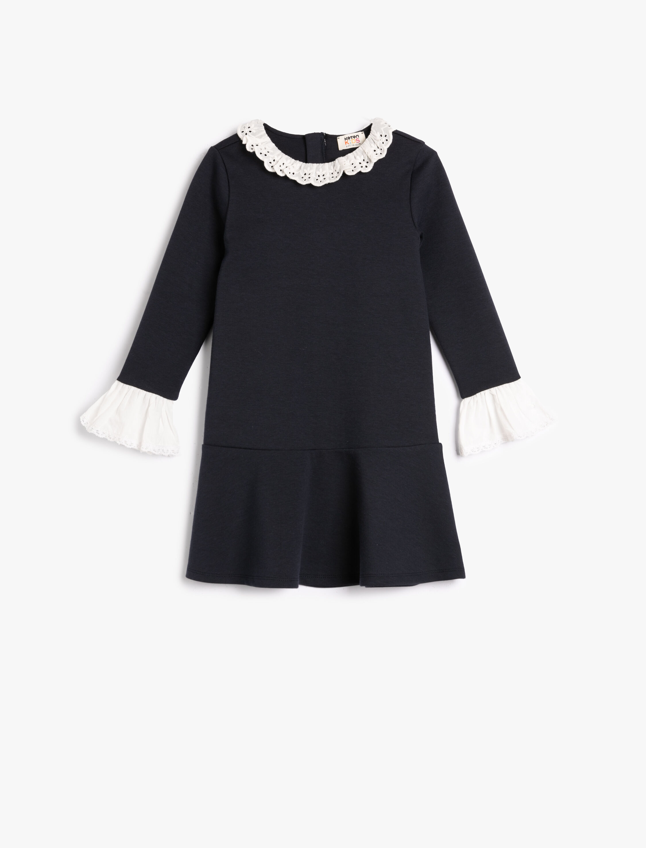  Kız Çocuk Elbise Uzun Kollu Yakası ve Manşetleri Dantelli Midi Boy Pamuklu Fermuar Kapamalı