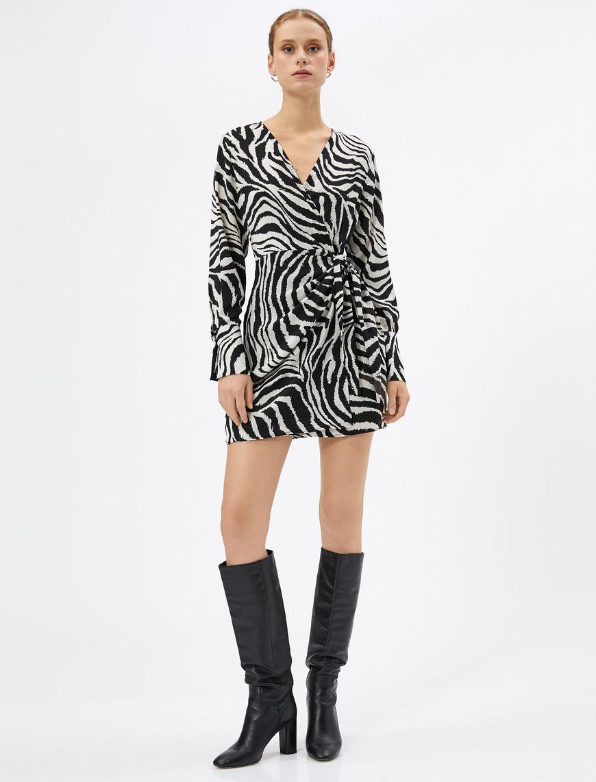   Zebra Desenli Elbise Mini Anvelop Uzun Kollu V Yaka