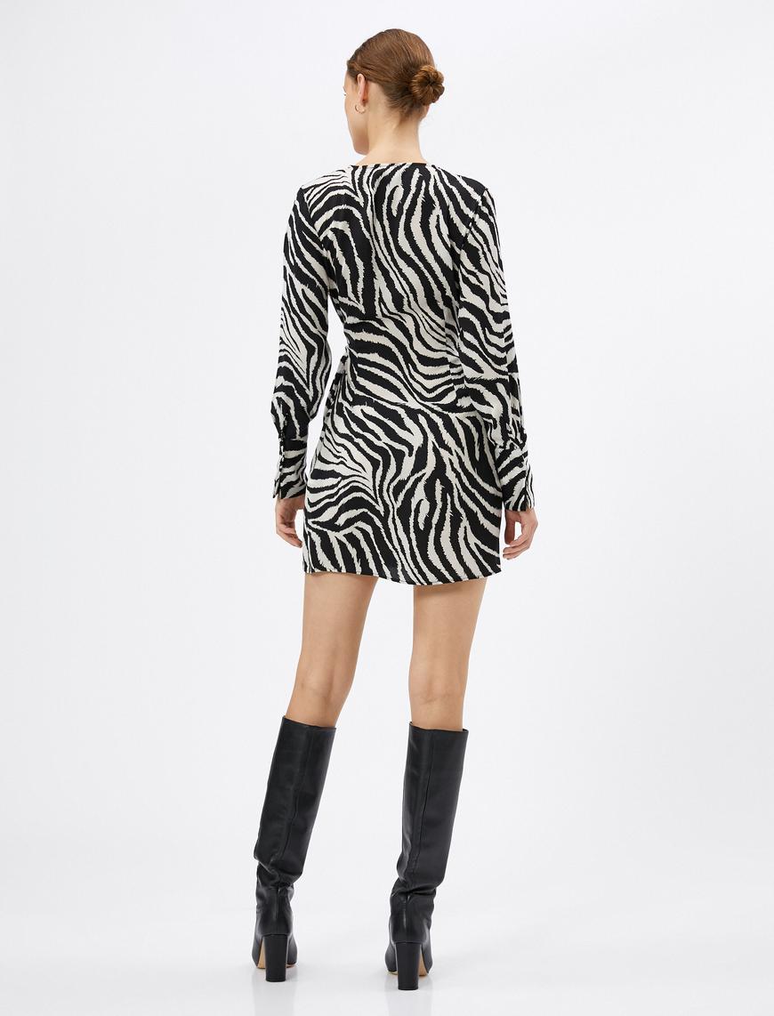   Zebra Desenli Elbise Mini Anvelop Uzun Kollu V Yaka