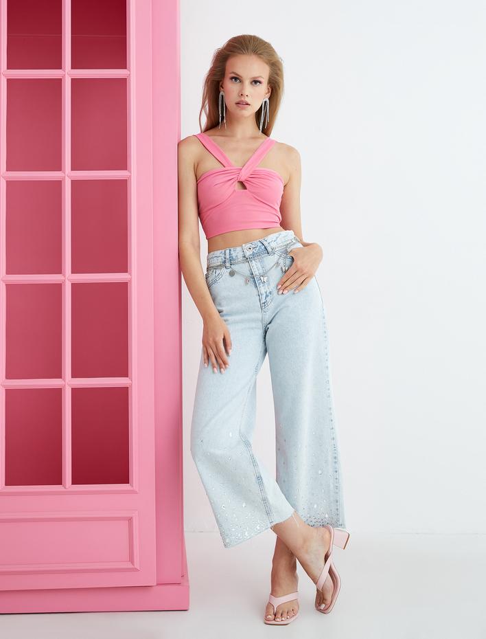  Bol Paça Kot Pantolon Taş İşlemeli - Bianca Crop Jeans