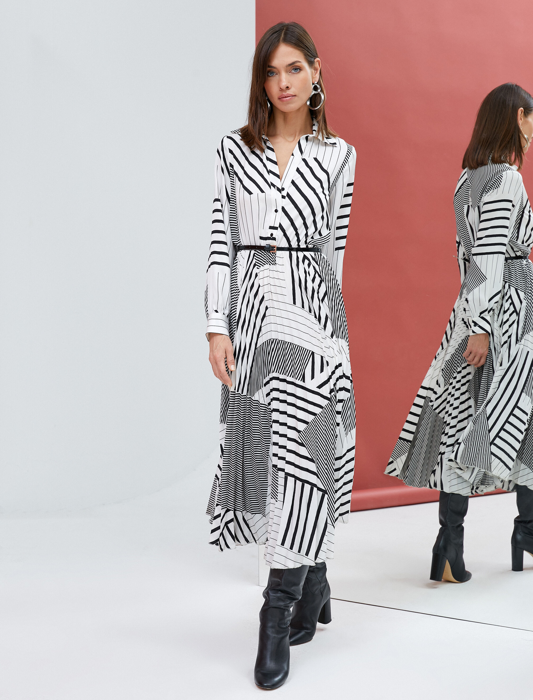   Midi Gömlek Elbise Pileli Kemer Detaylı Uzun Kollu