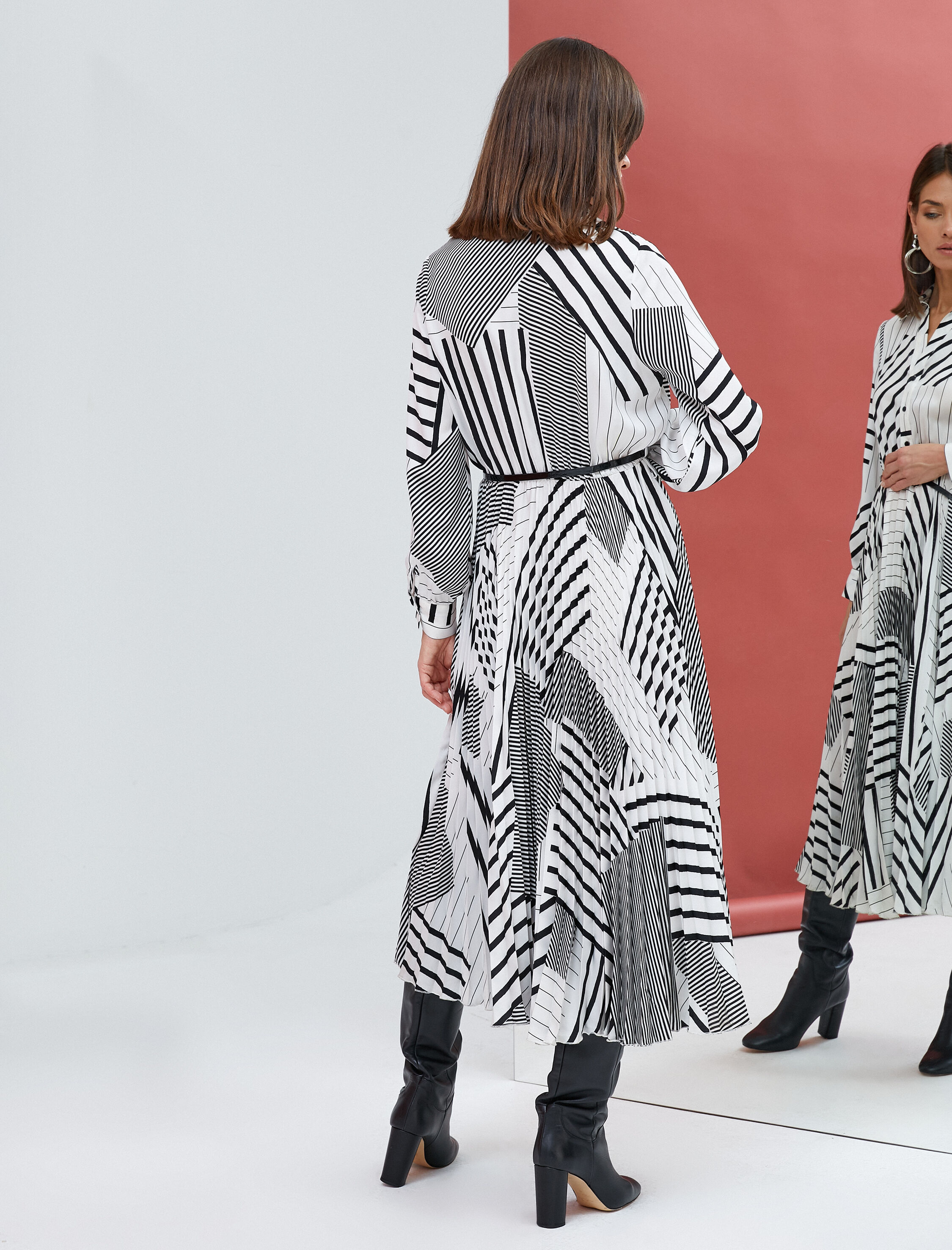   Midi Gömlek Elbise Pileli Kemer Detaylı Uzun Kollu