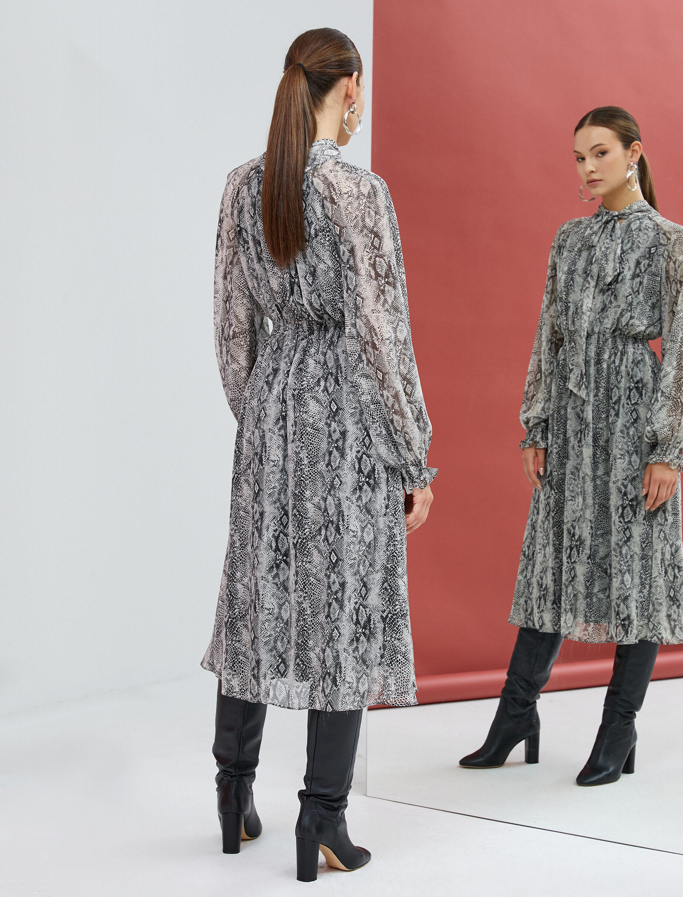   Midi Balon Kol Elbise Fular Yaka Beli Gipeli