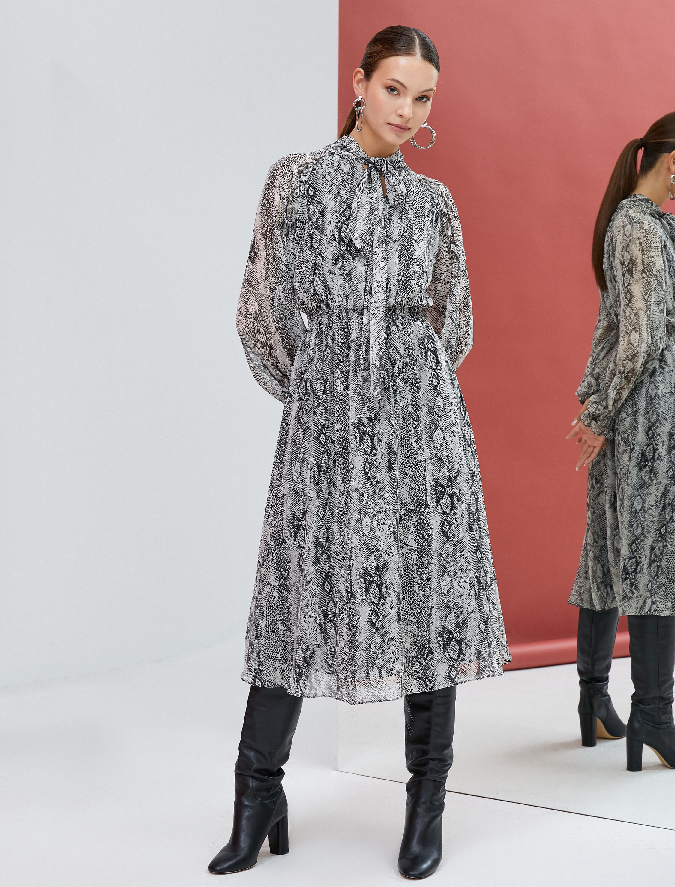   Midi Balon Kol Elbise Fular Yaka Beli Gipeli