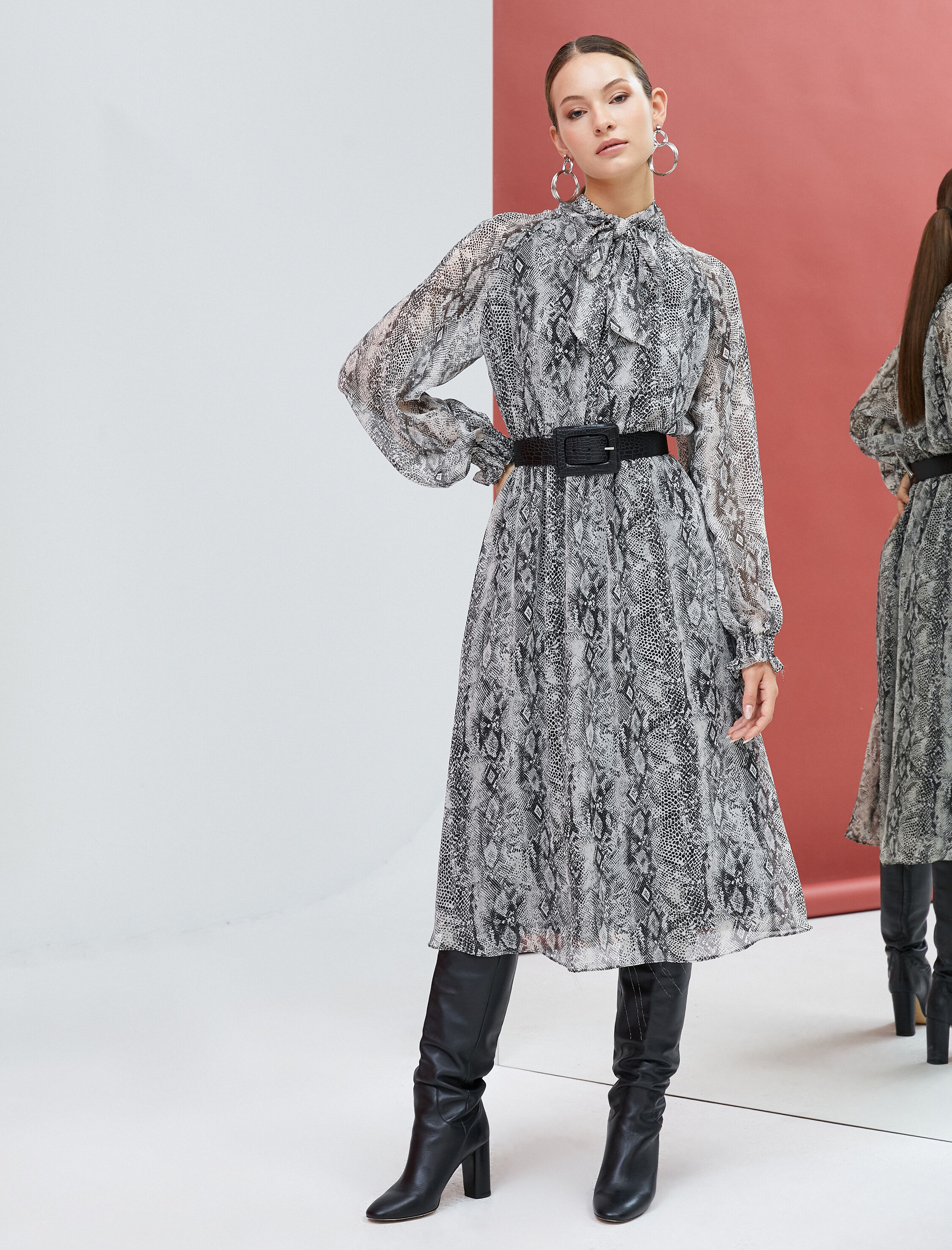   Midi Balon Kol Elbise Fular Yaka Beli Gipeli