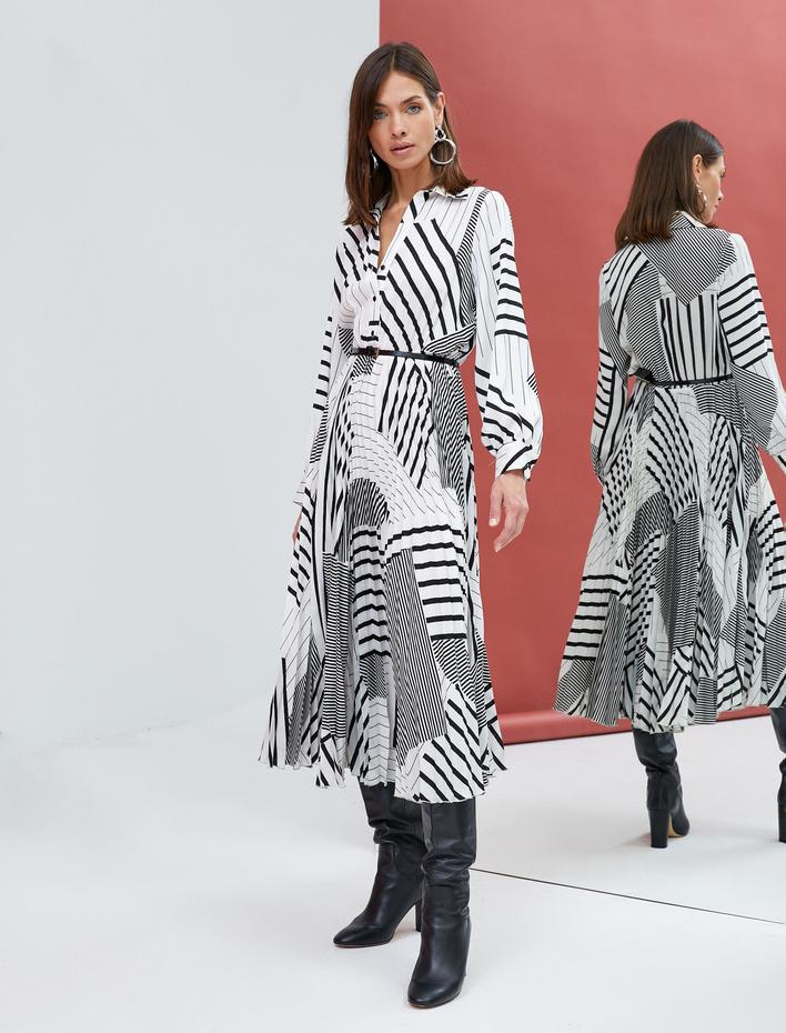  Midi Gömlek Elbise Pileli Kemer Detaylı Uzun Kollu