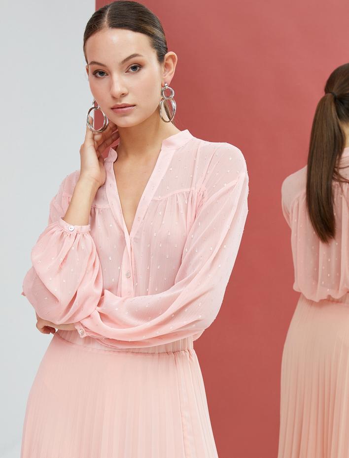  Şifon Gömlek Hakim Yaka Sim Detaylı Düğmeli Uzun Kollu