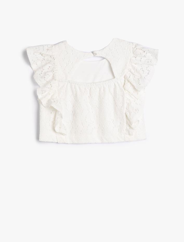 Kız Çocuk Bluz Brodeli Kelebek Kol Fırfırlı Yuvarlak Yaka Arkası Düğmeli